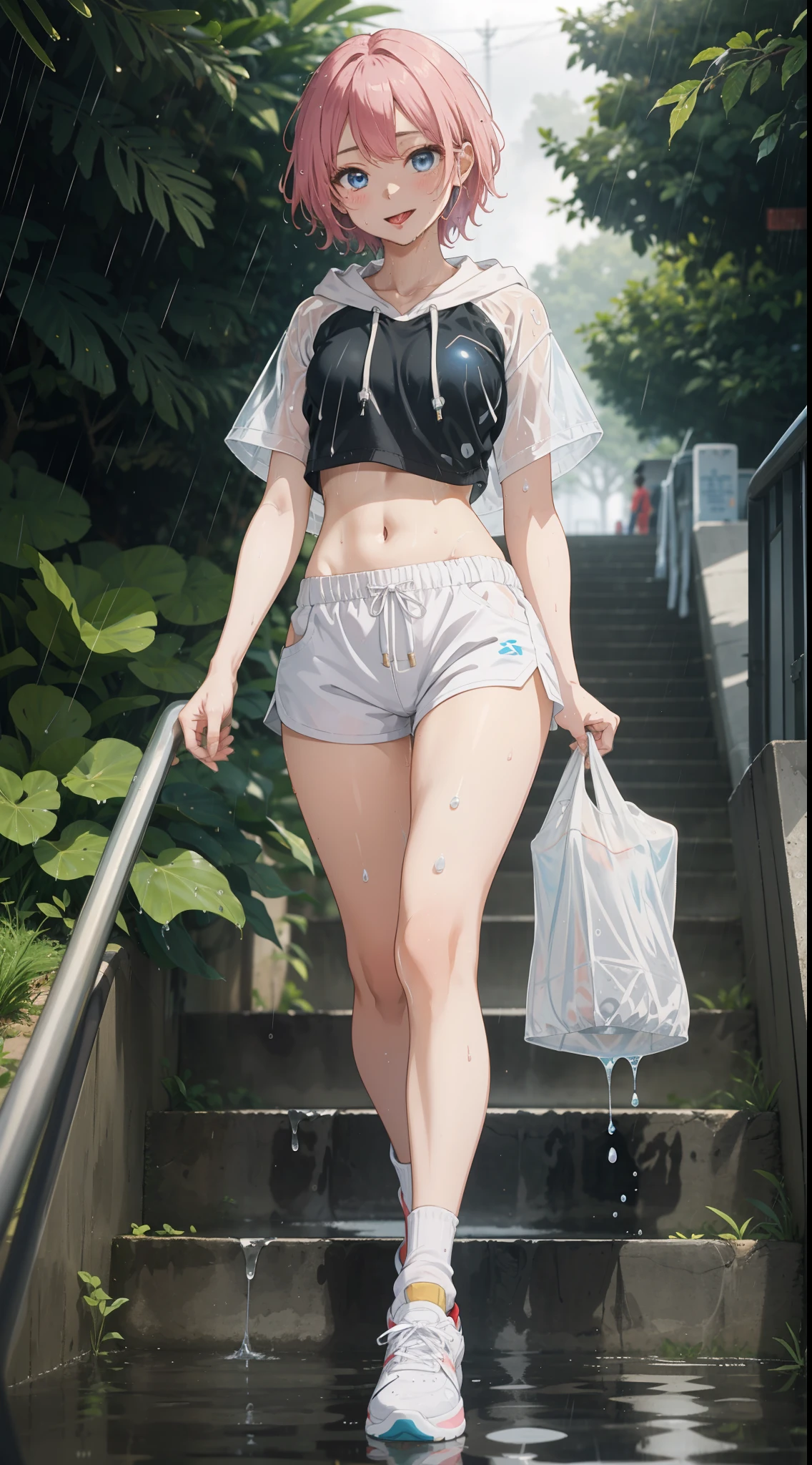 1 beautiful tomboy girl with small breast blue eyes,Ted pink hair, white top crop Hoodie white short pants white sneaker wet (wet chlotes:1.0) full body real rain background on park, walk on park stair,  eyes, tongue out ahegao