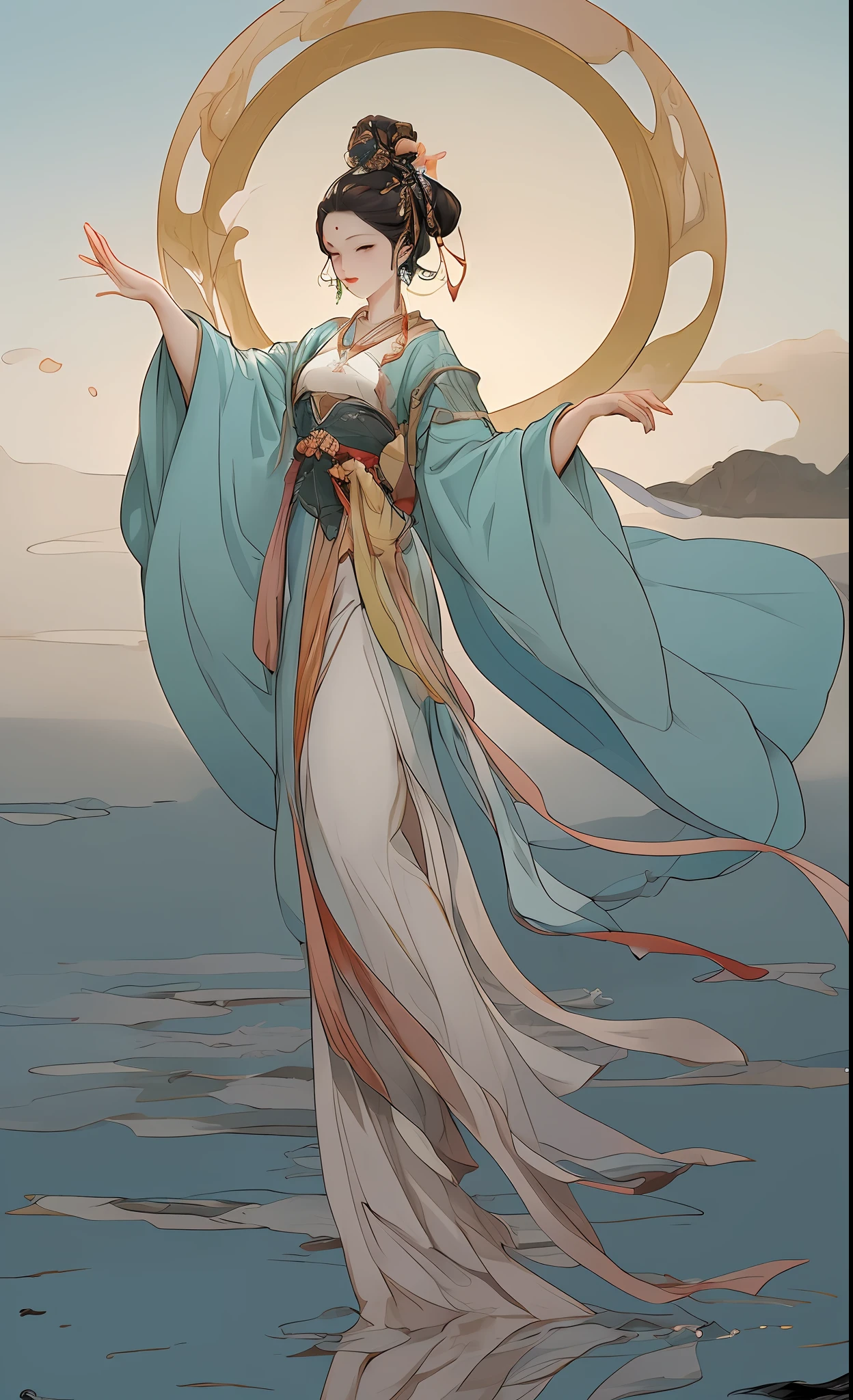 girl with, ancient Chinese costume, full body Esbian, rays of sunshine, Clear face, Clean white background, masterpiece, super detailing, Magnificent composition, Ulutra HD, hightquality, ighly detailed, Official art, uniform 8k wallpaper, super detailing, 32K、Princess Seoritsu、sirius、lion's gate、Cosmic consciousness、Miracle amulet、Impossible miracles happen、Godess of Water