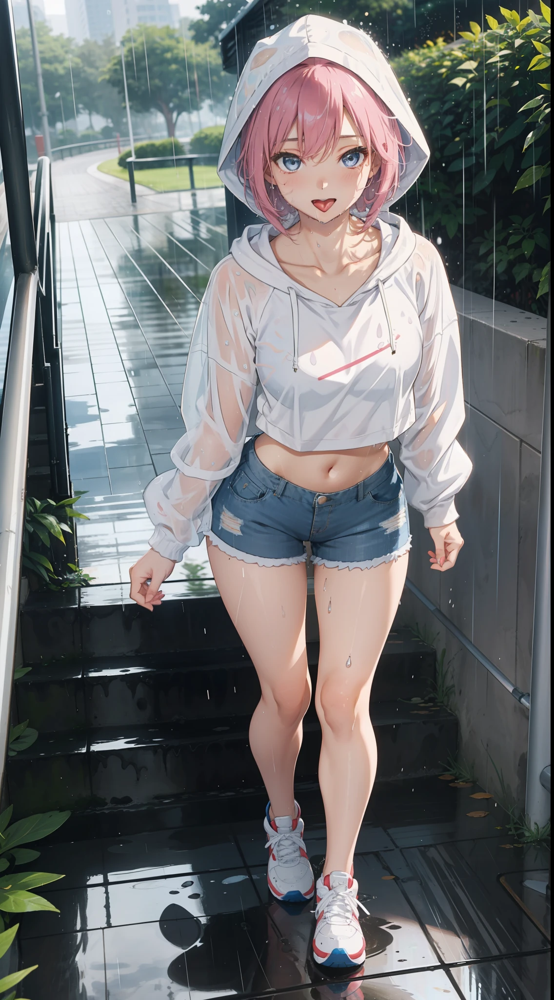 1 beautiful tomboy girl with small breast blue eyes,Ted pink hair, white top crop Hoodie white short pants white sneaker wet (wet chlotes:1.0) full body real rain background on park, walk on park stair,  eyes, tongue out ahegao