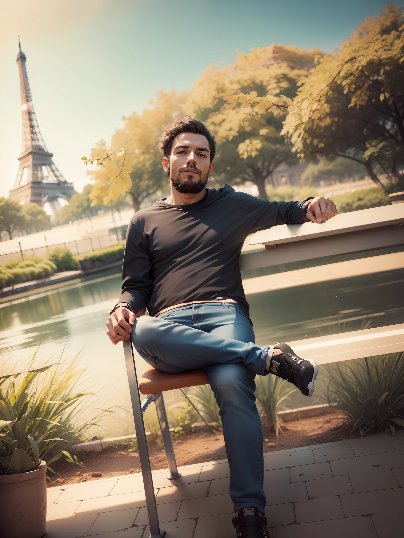 Changes the background by eifell tower.realistic 8k ultra realistic face