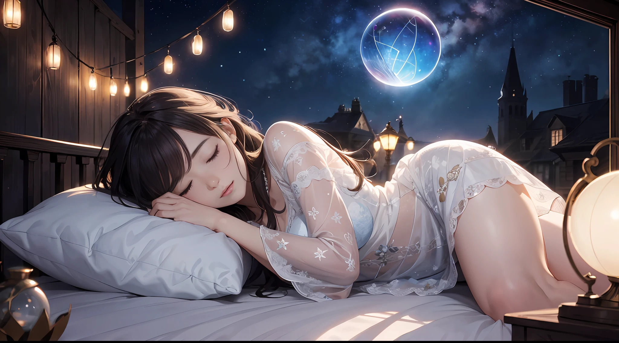 ((a bed))、White bed、(Woman Sleeping in Bed)、((Eyes are completely closed))、Sleeping Woman、ultra-detailliert, the panorama、softfocus、milkyway、dreamy ambiance、Shining Circle、Romper、Colorful starry sky、Detailed night sky、The crystal ball glows、film like、sleep、Sleeping Woman、8K、realisitic、À la Fed image of a woman with a glowing orb、4K highly detailed digital art、background artwork、Beautiful digital art、beautiful digital works of art、realistic digital art 4k、realistic digital art 4k、beautiful art uhd 4 k、Wide sky、The aura of magic around her