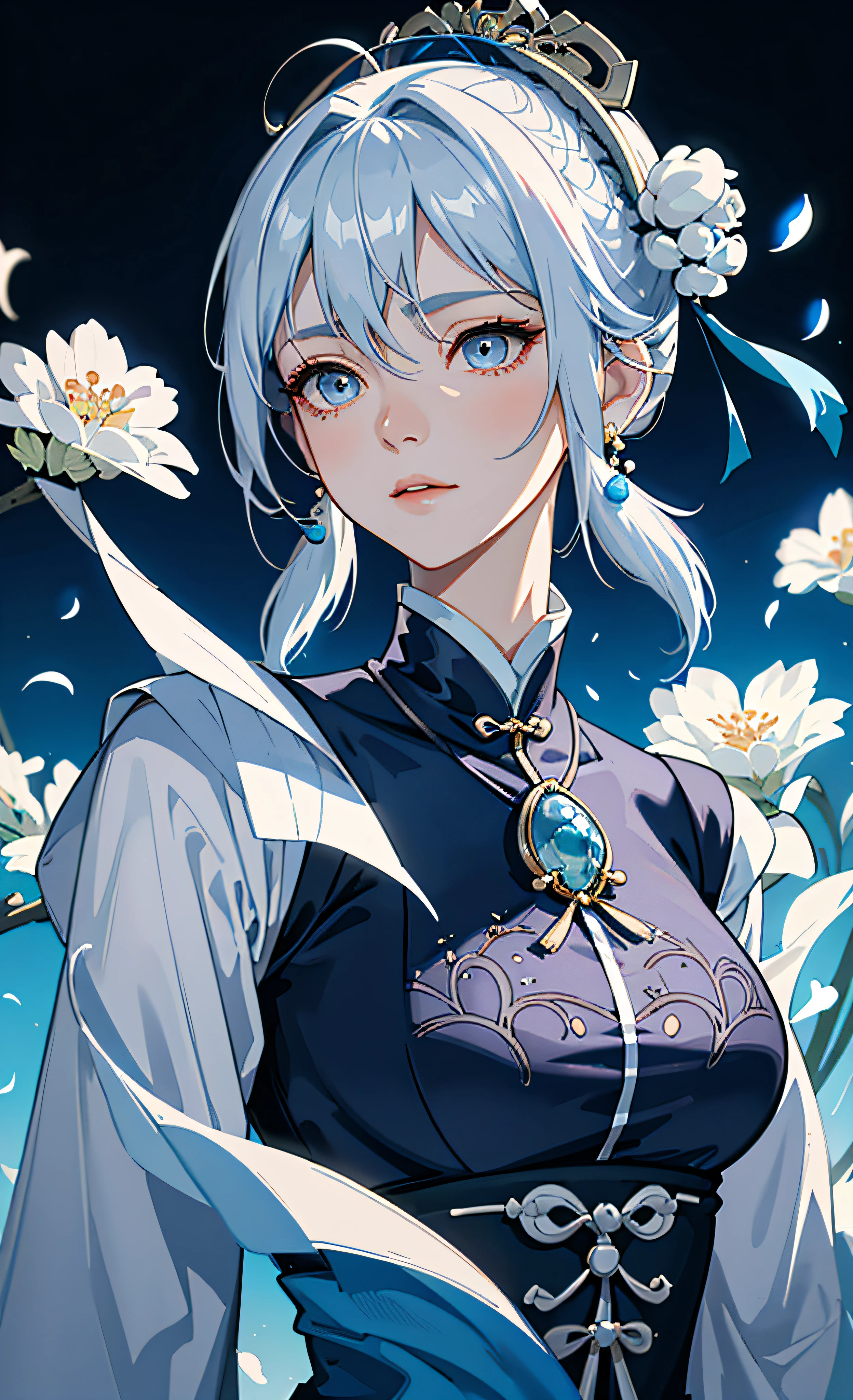 Mature girl, blue and white hair color, inner pick dye, floating hair, delicate and flexible eyes, intricate damask hanfu, gorgeous accessories, wearing pearl earrings, FOV, f/1.8, masterpiece, complex scene, petals flying, front portrait shot, Chang'e, side lighting, oversized breasts, sexy