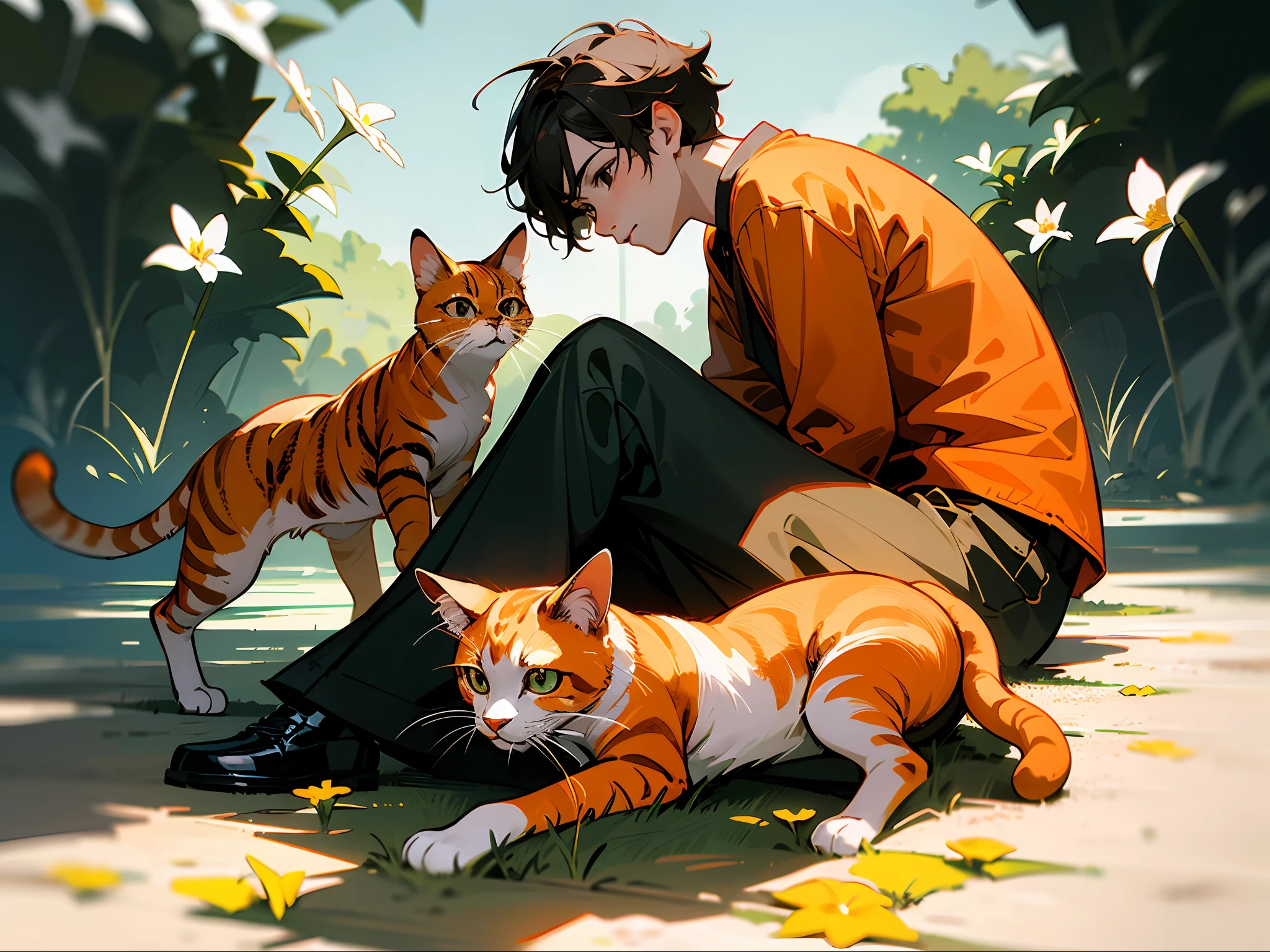 realisticlying，（tmasterpiece，top Quority，best qualtiy，offcial art，Beauty and aesthetics：1.2），Orange cat，springtime，Brunette boy，Green filter，Black eyes