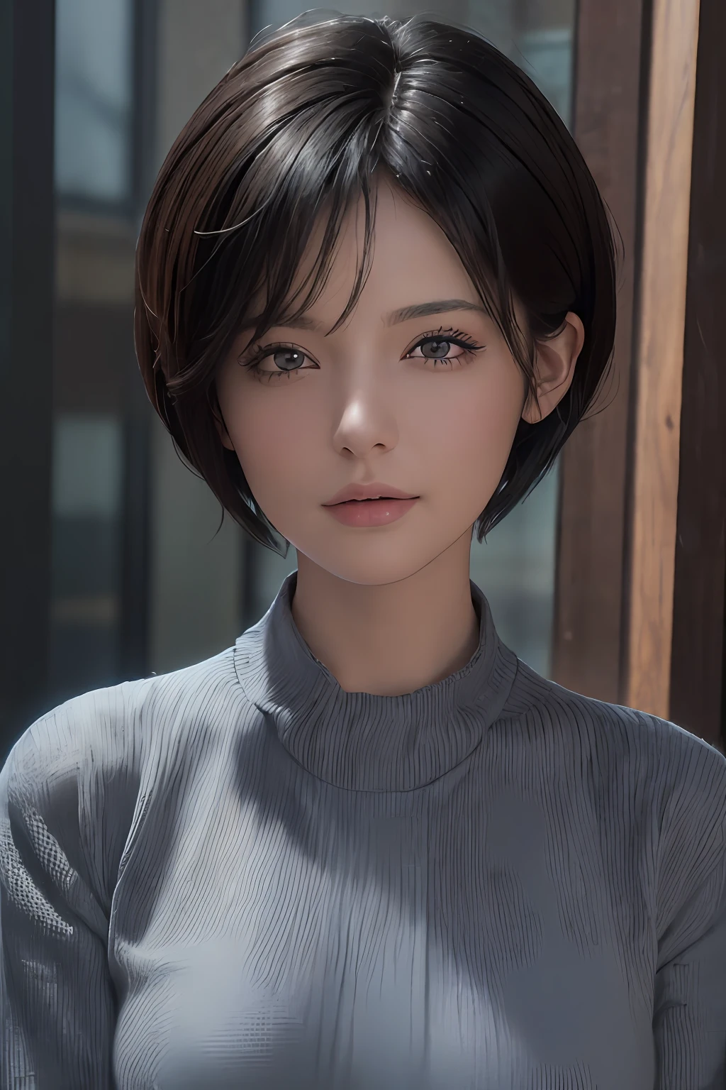 (masterpiece:1.3), (8k, photorealistic, RAW photo, best quality: 1.4), (1girl), beautiful face, (realistic face), (black hair, short hair:1.3), beautiful hairstyle, realistic eyes, beautiful detailed eyes, (realistic skin), beautiful skin, (sweater), absurdres, attractive, ultra high res, ultra realistic, highly detailed, golden ratio