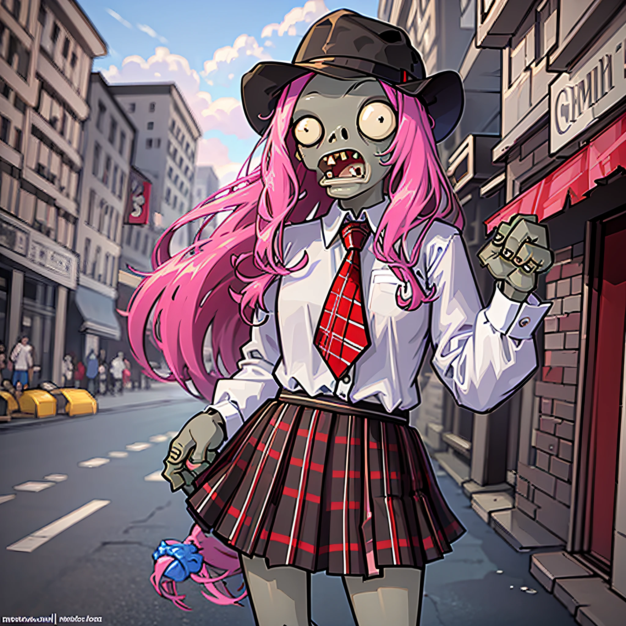 Ridiculous resolution，A high resolution，（tmasterpiece：1.4），Hyper-detailing，Pink Long Hair, 1girll, dual horsetail, Solo, red color eyes, deceptive, white necktie, Pleated plaid red skirt, school uniform, Zombie role-playing