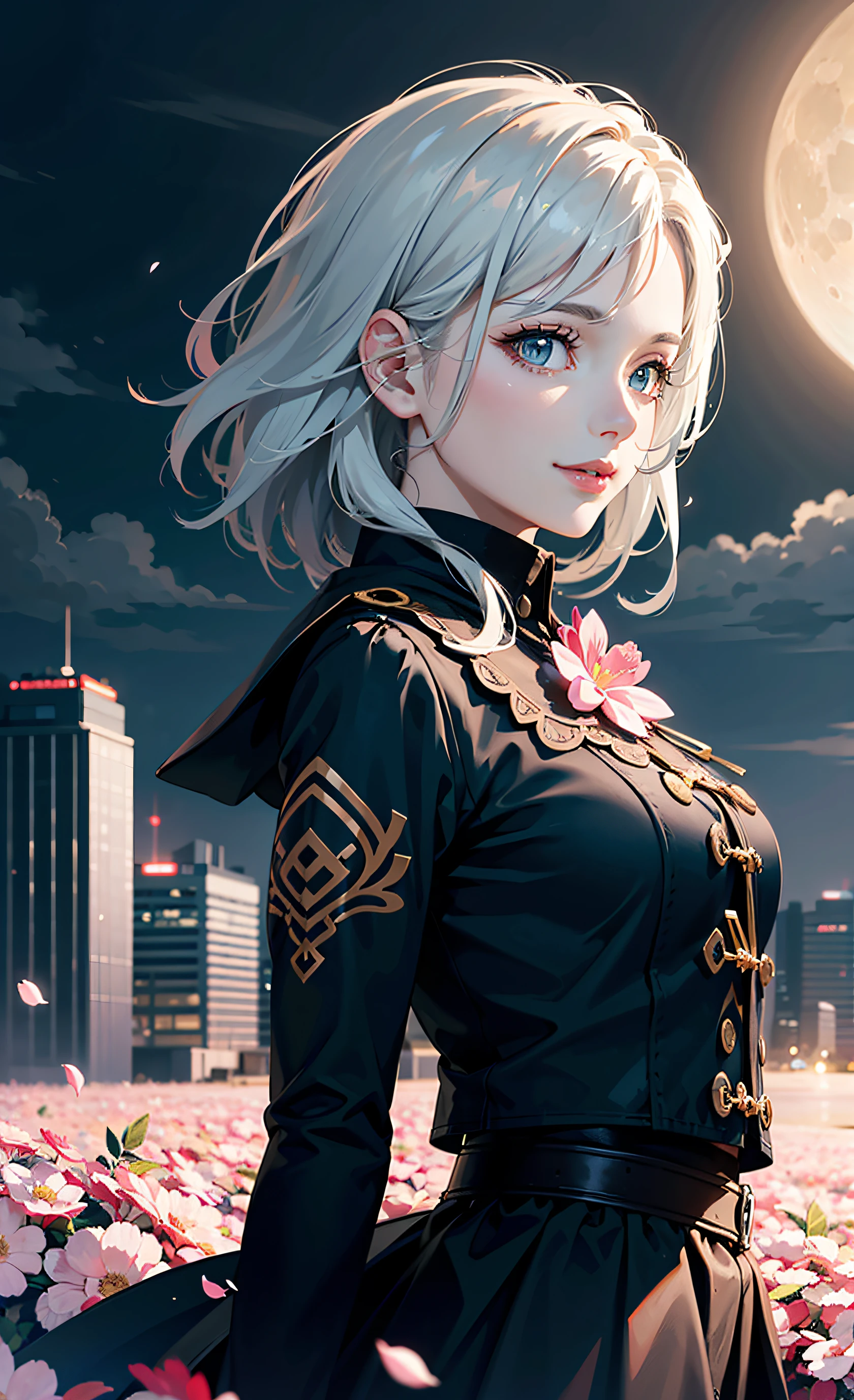 masterpiece, best quality, 1girl, (colorful),(finely detailed beautiful eyes and detailed face),cinematic lighting,bust shot,extremely detailed CG unity 8k wallpaper,white hair,solo,smile,intricate skirt,((flying petal)),(Flowery meadow) sky, cloudy_sky, building, moonlight, moon, night, dark theme, light, fantasy,