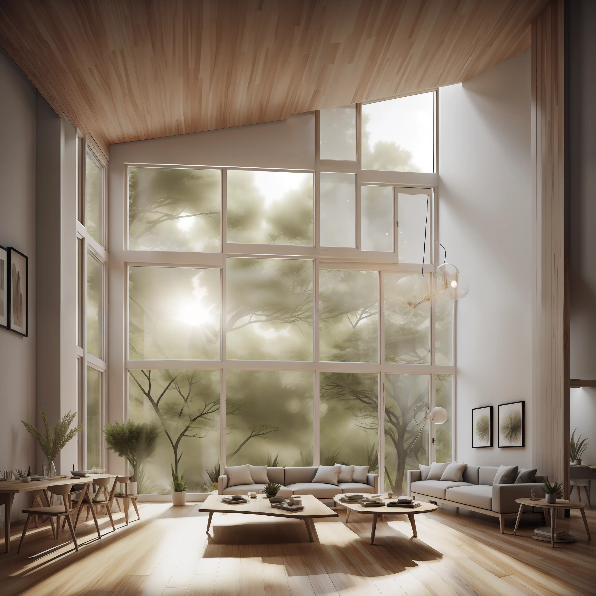 interior design、Insanely detailed wide-angle architectural photo、Cozy contemporary living room、(Bright and warm sunlight 1:0.1)、Award-winning contemporary interior design、landscapes、The table、a chair、inside the house、Wooden flooring、window、resturant、east asian east asian architecture、sliding paper doors、abajour、architectural、the woods、naturey、cups、a plant、interior design、Insert lighting and shadows、depth of fields、High ceiling、Open space