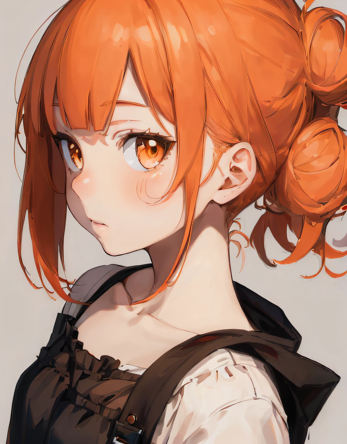 (portrait:1.5), face only, front view , masterpiece, best quality, ultra-detailed, illustration, an extremely delicate and beautiful, cute, 1girl, solo, (she is wearing a tube top)+, orange hair, brown eyes, bags under one’s eyes, simple background