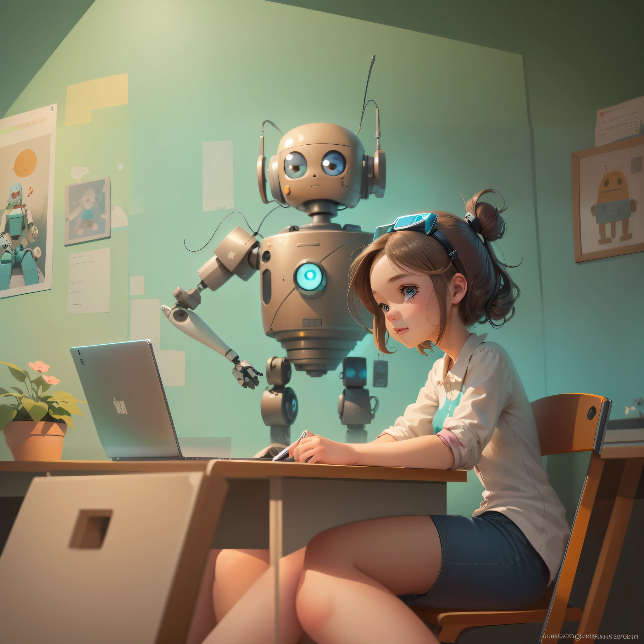 Cartoon of girl sitting at desk with robot and laptop, Girl Meets Robot, Women and robots, Adorable Digital Painting, adorable friendly robot, loish van baarle, Cute robot, cute humanoid robot, loish and goro fujita, digital 2D illustration, cute detailed digital art, Robot Portrait, 2D Illustration