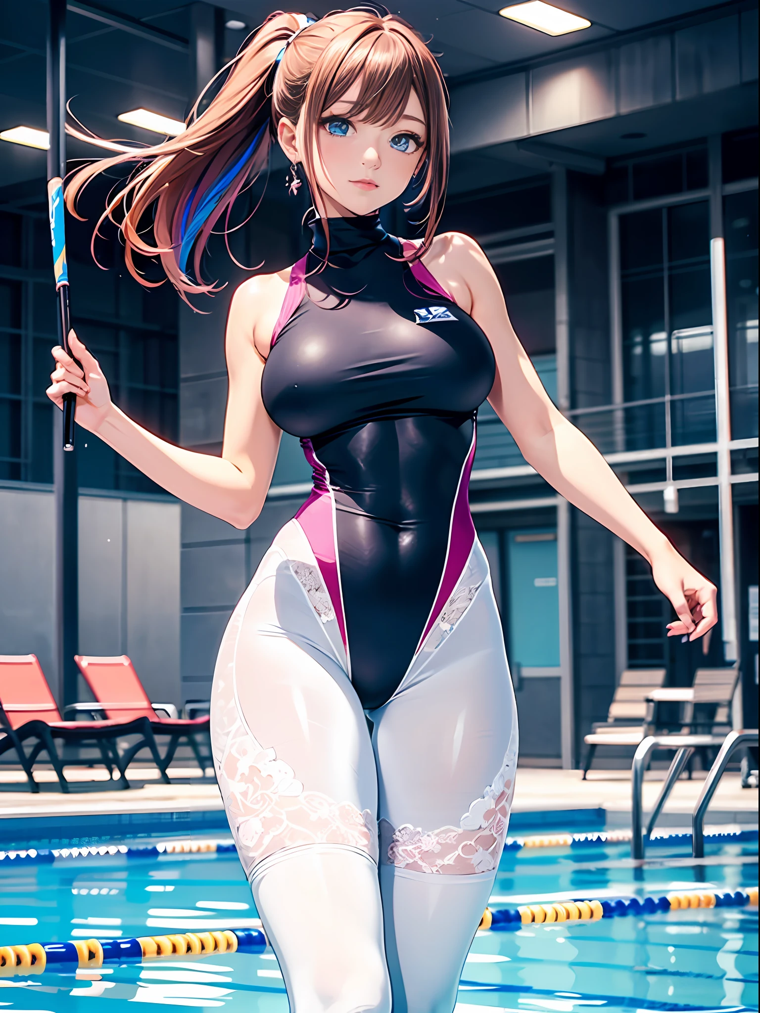 Focus on the face,ultra high quality face,High resolution,High Quality Eye, 1 woman,Very tall,Competitive one-piece swimsuit in white like a bodysuit,Lace pattern clothing++,turtle neck,Long hair,Shiny skin,Short leggings,multicolored hair,Blue eyes, Eyelashes,Round eyes,jewelry eyes,Twinkle Eyes,Glowing eyes ,Pupils,school poolside,irate,strong and muscular body,Accessories,Big hips,mideum breasts,Clothes with metallic patterns,Between the legs, From near the face to the top,abdominals,well-muscled,poneyTail,White lace stockings,White lace socks