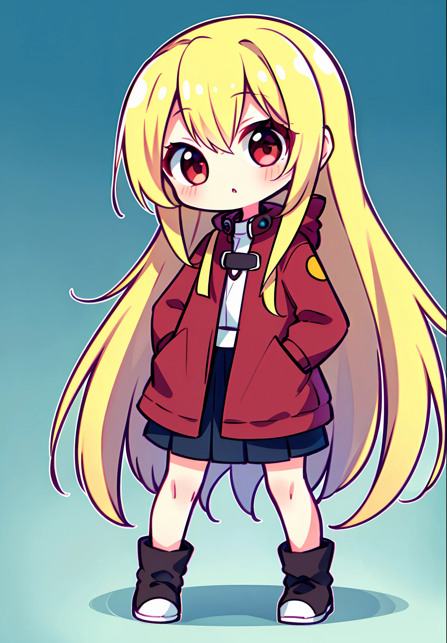 1 girl in、Blonde long hair、Red eyes、parka、skirt by the、Chibi、full bodyesbian、I have my hands in my pockets、(High resolution of the highest quality)、((Masterpiece Highest Quality:1.2)), [[bad face]], [[Fused fingers]]