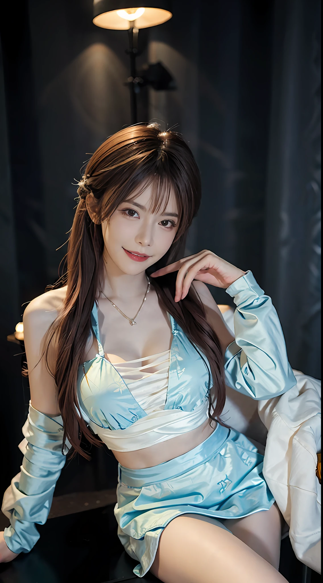 Portrait photo in 8K,best qualtiy,超高分辨率,Realistic and delicate,Girl with red hair,Wear earrings and necklaces,The background is a seaside view,The smile is bright,long eyelasher,beautiful boobs,leg spreads,Cinematic lighting effects,Depth of field effect,Lens flare effect,Hanfu。