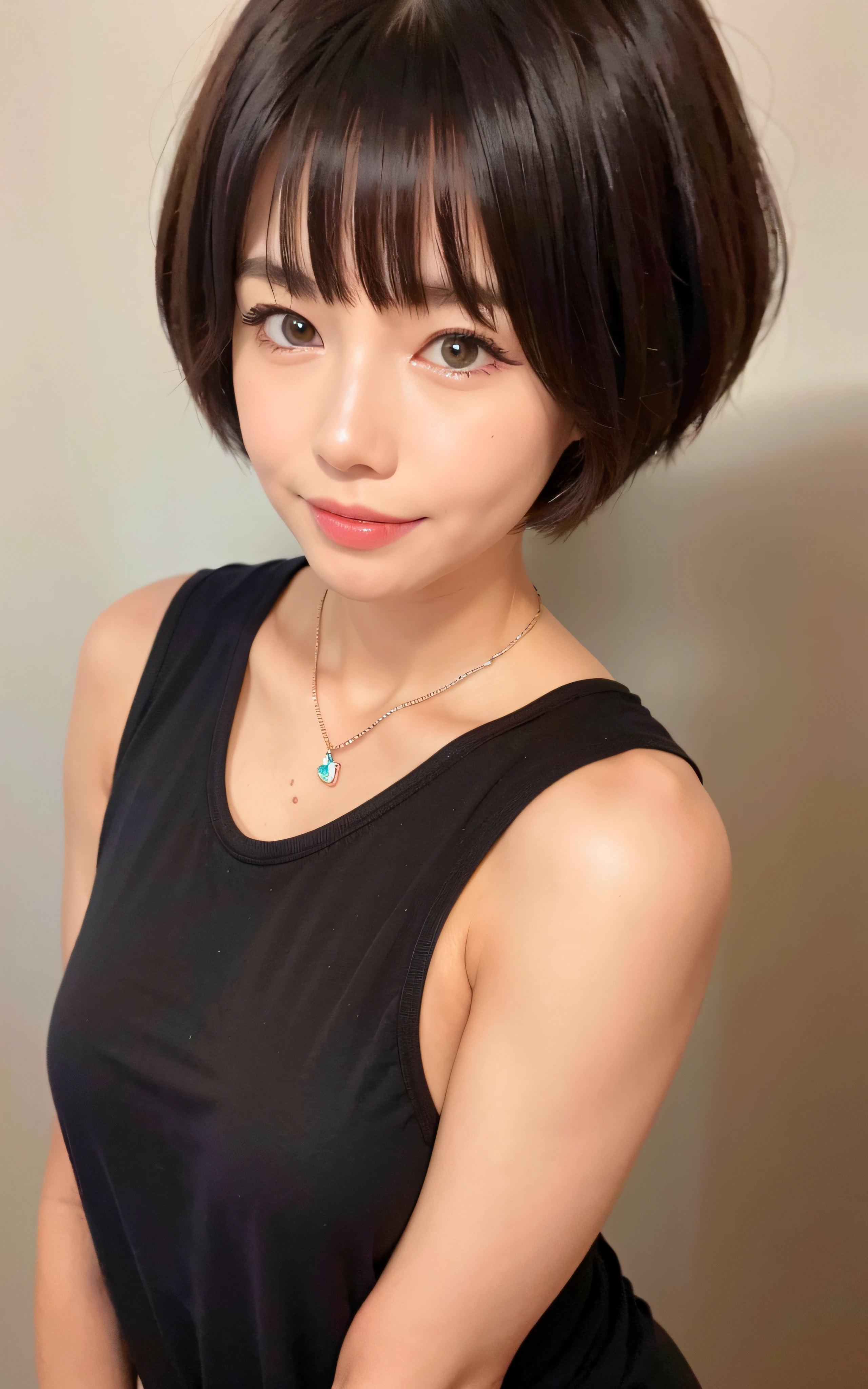 (Photorealistic: 1.4), masterpiece, ultra high resolution, RAW photos, highest quality, (open smile: 4.0), (big smile: 2.5), (white teeth: 2.0), (sexy: 1.4), raw photo, Japan beautiful wife 1, 25 years old, pure white skin, (cute: 3.0), (eyes with the corners of the eyes down: 2.0), (large and round eyes: 3.0), (moisturized eyes: 3.0), ( Upper eye looking at the camera: 3.0), (figure eight eyebrows: 2.0), blush, slender, (brown short hair: 1.2), bangs, revealing chest, lace bra,
