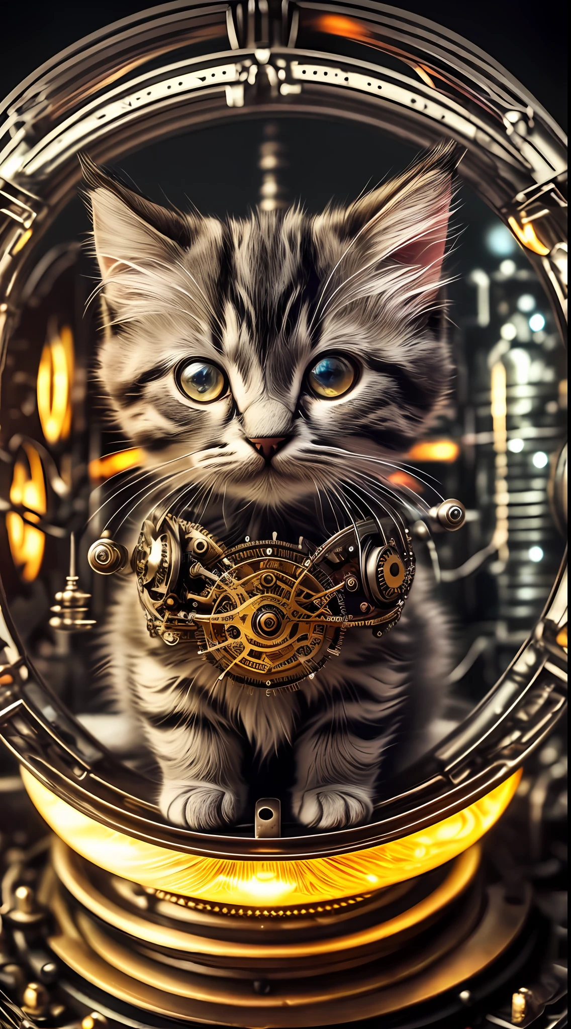 a cute fluffy kitten made of metal, cyborg, cyberpunk style, clockwork mechanism ((intricate details)), HDR, big eyes ((intricate details, hyperdetailed)), vacuum tube or electron tube, movie shot, vignette, background bokeh effect