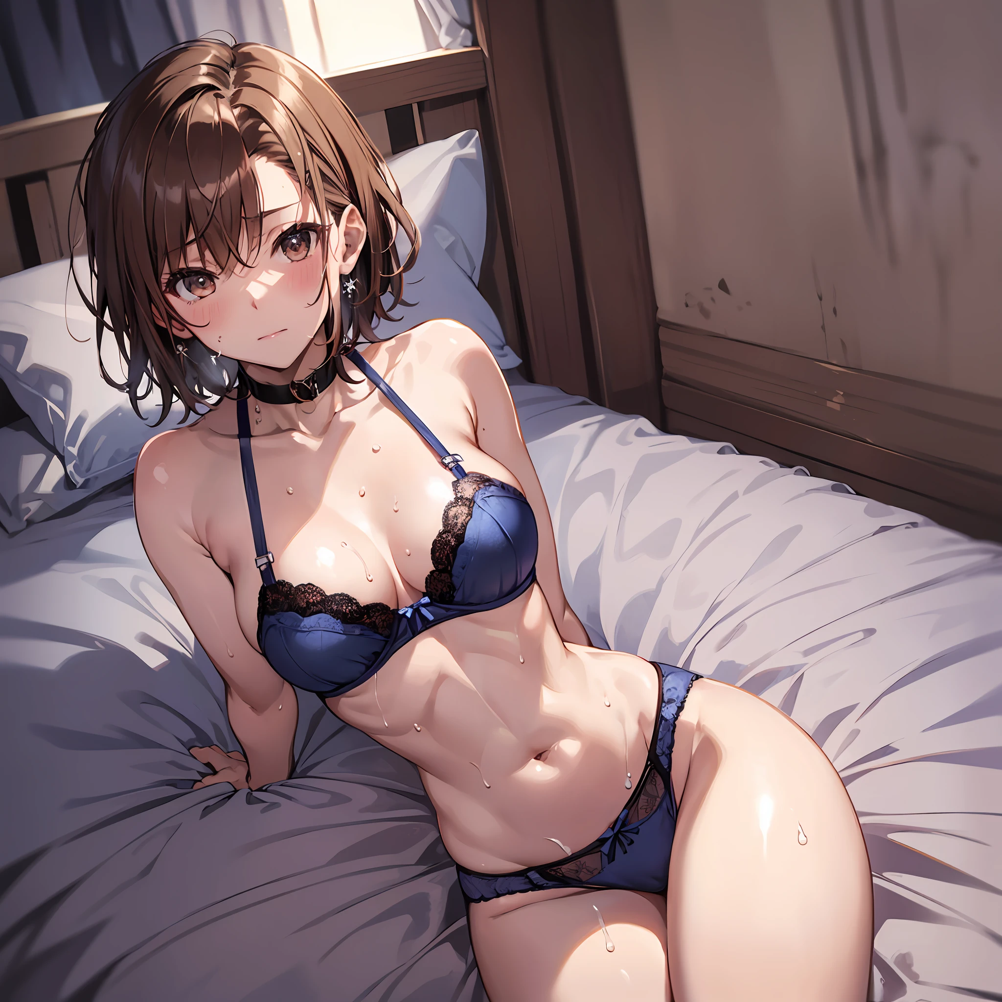 nsfw 4kqulity, top-quality, Misaka_mikoto, Brown-eyed, Short_hair, Super small_Breast,)On a hotel bed Blue lingerie 16age sexypose Bewitching Mass sweat soaked body Miwaki beauty legs Beautiful abs Face to feel Love A large amount of milk kiss