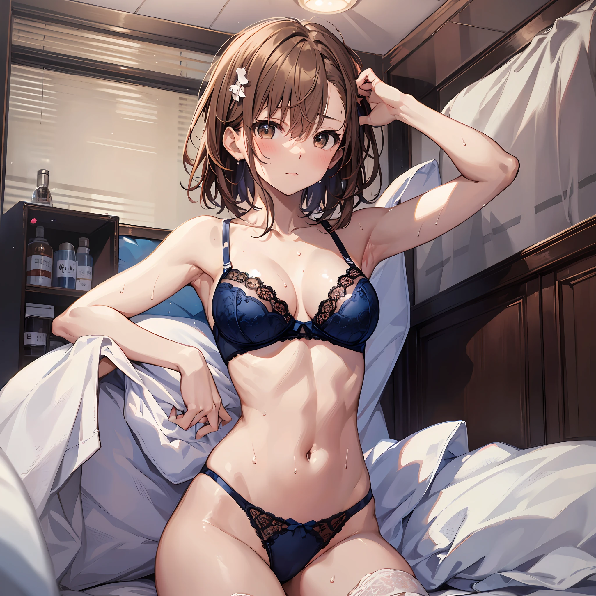 nsfw ４ｋqulity, top-quality, Misaka_mikoto, Brown-eyed, Short_hair, Super small_Breast,）On a hotel bed　Blue lingerie　１６age　sexypose　Bewitching　Mass sweat　soaked body　Miwaki　beauty legs　Beautiful abs　Face to feel　Love A large amount of milk　kiss