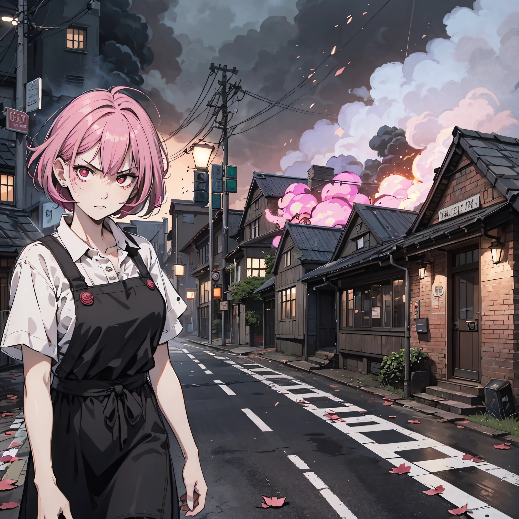 Ridiculous resolution，A high resolution，（tmasterpiece：1.4），Hyper-detailing，pink short hair, 1 middle-aged woman,, Solo, Black eyes, , house wife，aprons，attacking，angry look，Street side，A bunch of zombies，Armageddon，Zombie outbreak