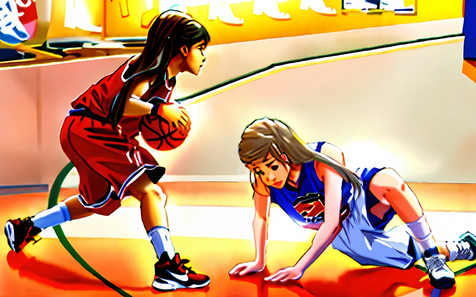 two guys，Indoor basketball court，woman，Playing the Basketball