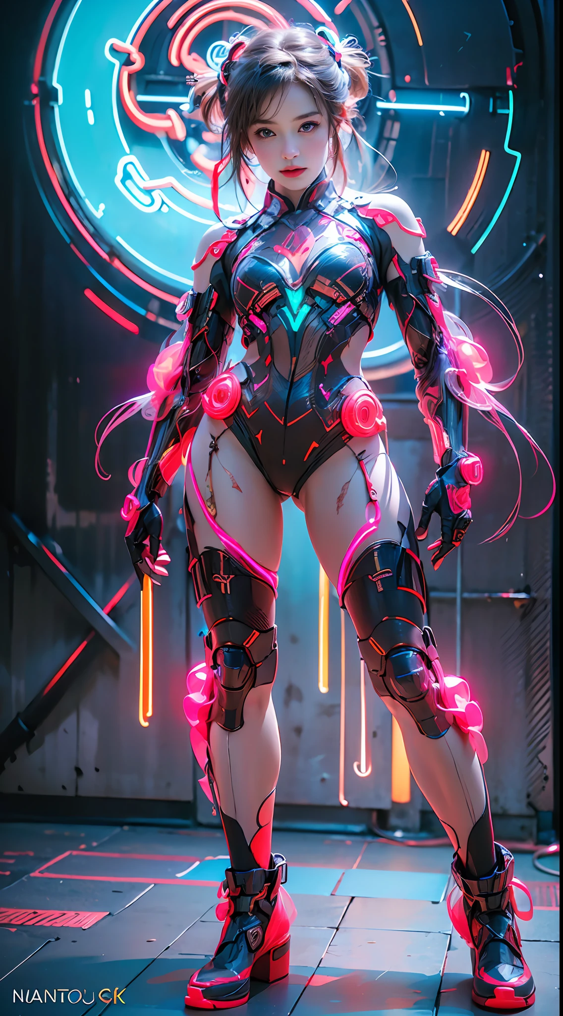 1 girl solo, perfect_hand, (8k, RAW photo, best quality, masterpiece:1.4), (realistic, photo-realistic:1.4), (extremely detailed CG unity 8k wallpaper), ,full body, (neon lights:1.4), machop, mechanical arms, hanfu,