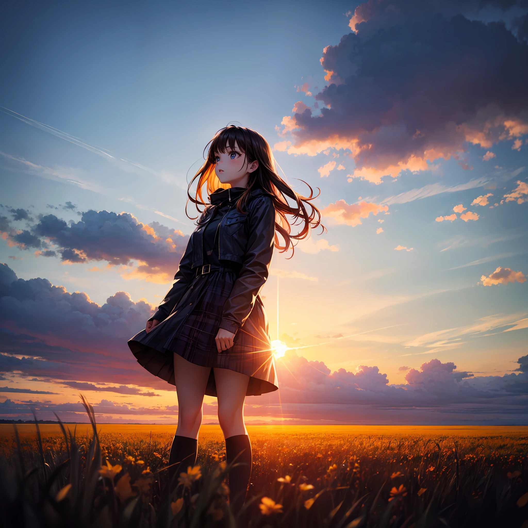 girl standing in field, mid shot, clouds, sunrise