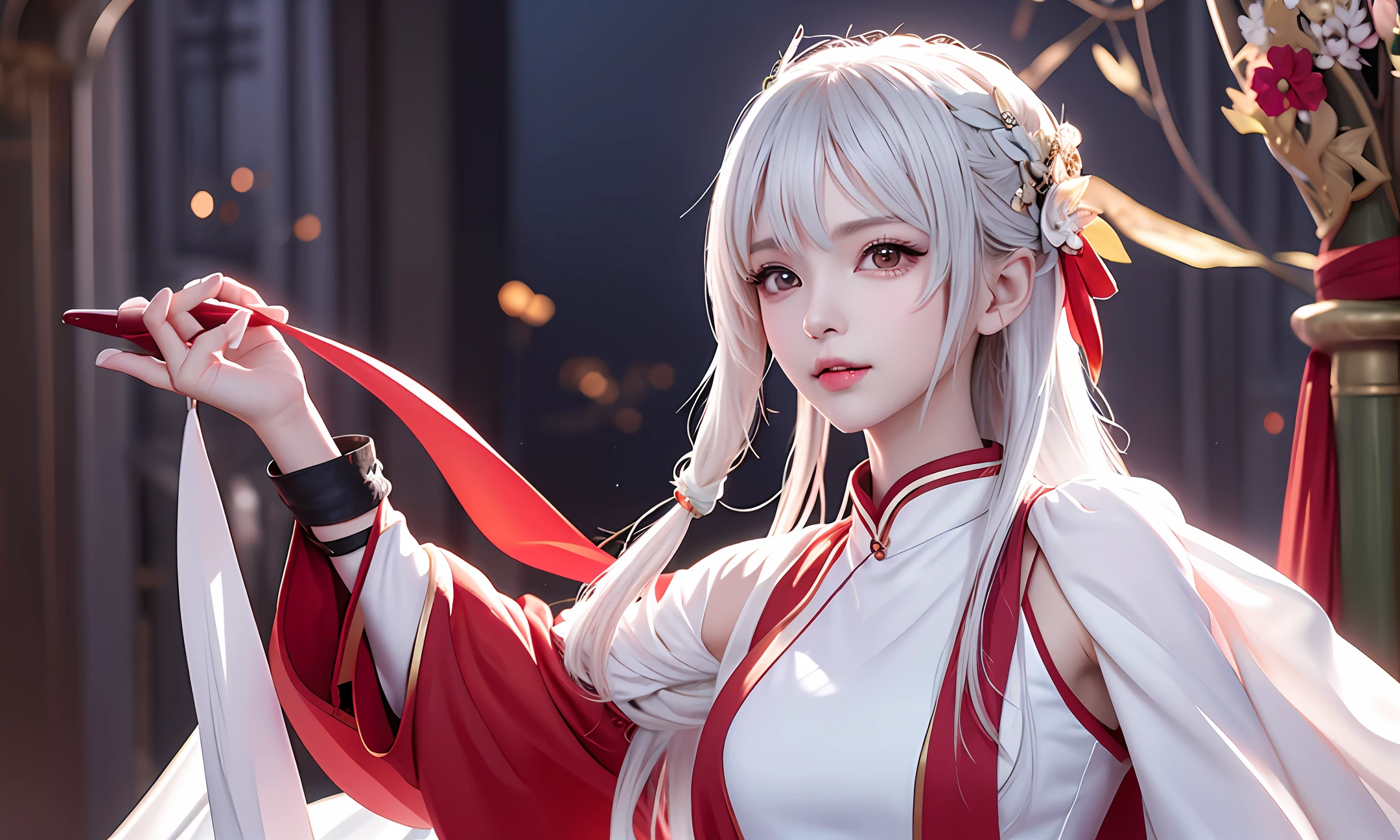 a close up of a woman in a white dress and red scarf, an anime drawing by Yang J, tumblr, fantasy art, anime goddess, white hanfu, Middle metaverse, trending on cgstation, beautiful alluring anime woman, guweiz, Chiba Yuda, anime style like fate/stay night