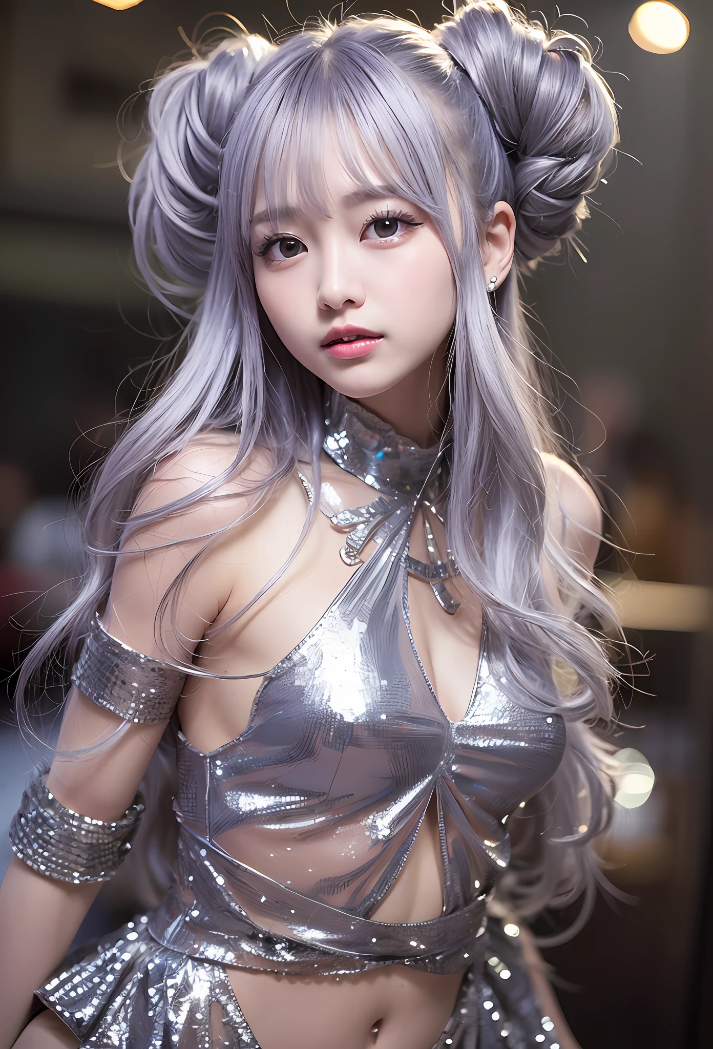 (8k、RAW Photography、top-quality、​masterpiece:1.2)、(realisitic、Photorealsitic:1.37)、Omertoza、1girl in、(KPOP Idol)、、top-quality、blue long hair、Silver hair、超A high resolution、(Photorealsitic:1.4)、1girl、Stage light background、Silver Dress、a closed mouth、Cinema lights in warm tones、(Slightly turned body:1.4)、A sexy、heavy eye makeup、Erotic Poses、dance、full bodyesbian、cute little