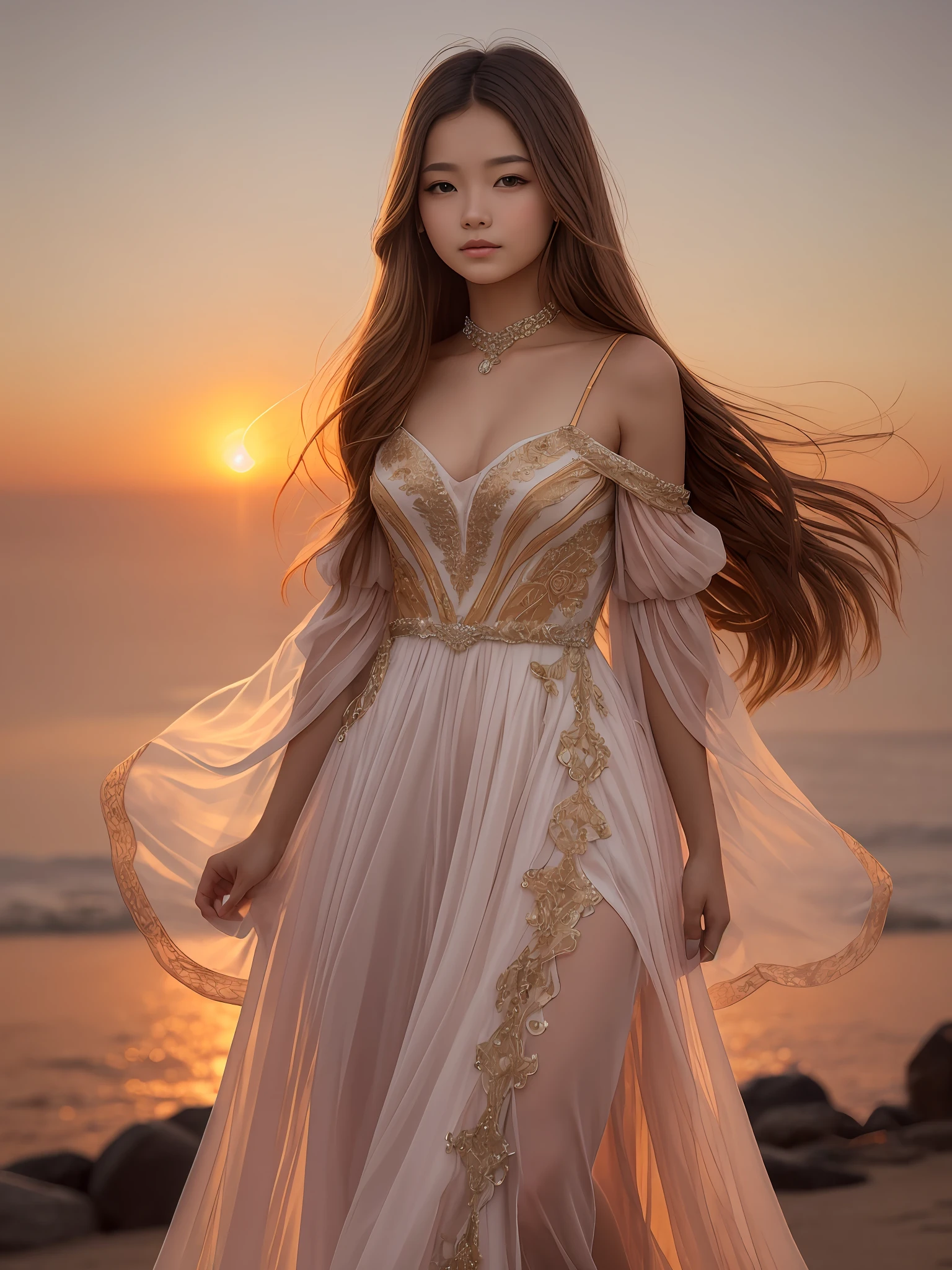 fashion photo of extremely beautiful 18 years old long hair woman, made of sunrise , dressed in sunset gown. on the edge of the world of radiant sun. warm colors --auto --s2