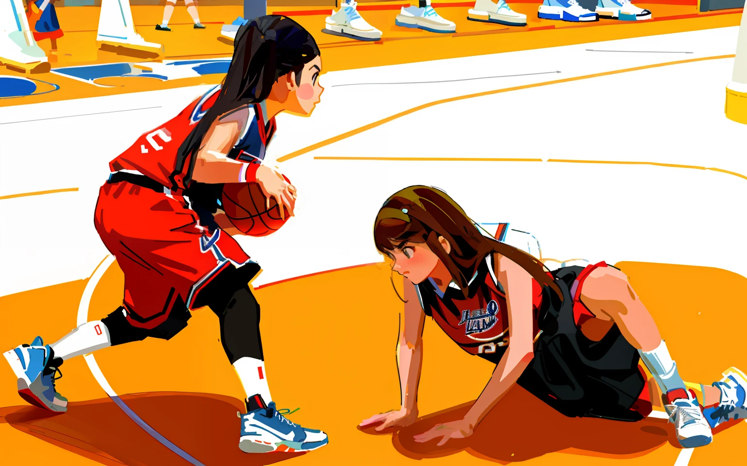 wireframes，Thick strokes，handpainted，basketball playground，Two women，dribbble，