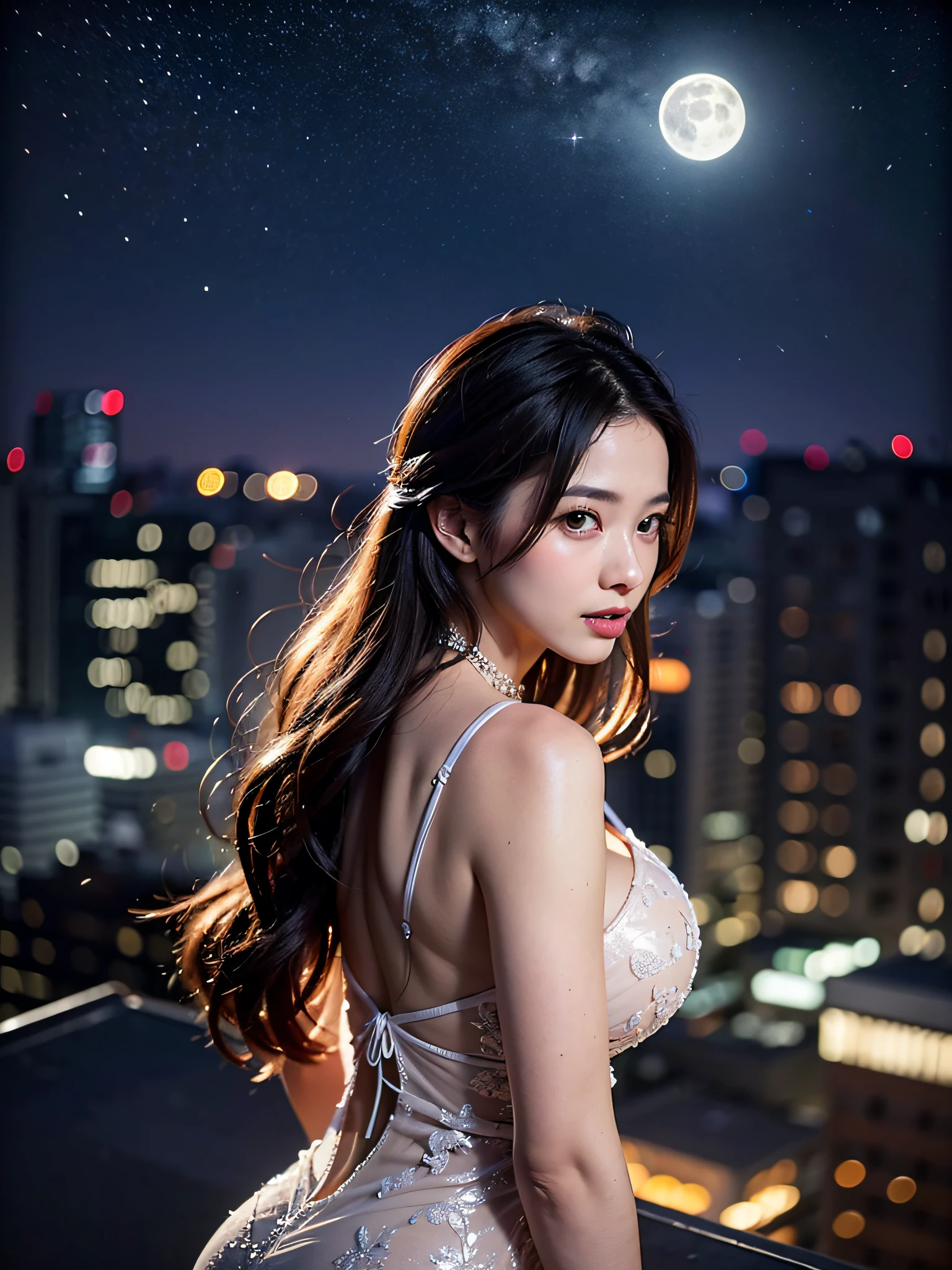 (8k、RAW Photos、top-quality、masterpiece:1.2)、(realisitic、Photorealsitic:1.37)、1人、japanes、25-years old、femele、deep in the night、Moon Night、The rooftop of a building overlooking the town、Night sky with the moon shining、photon maping、Radio City、Dark brown hair、(full bodyesbian)、详细的脸、Detailed lips、detailedeyes、More skin、二重まぶた、(huge-breasted:1.5)、(see-through dresses、Dress with wide open chest)、no-bra、No panties、a necklace、high-heels、(cammel toe)、perfectbody、shinny skin、sexypose、sexy facial expression、Make eye contact with the camera、(Angle from below)