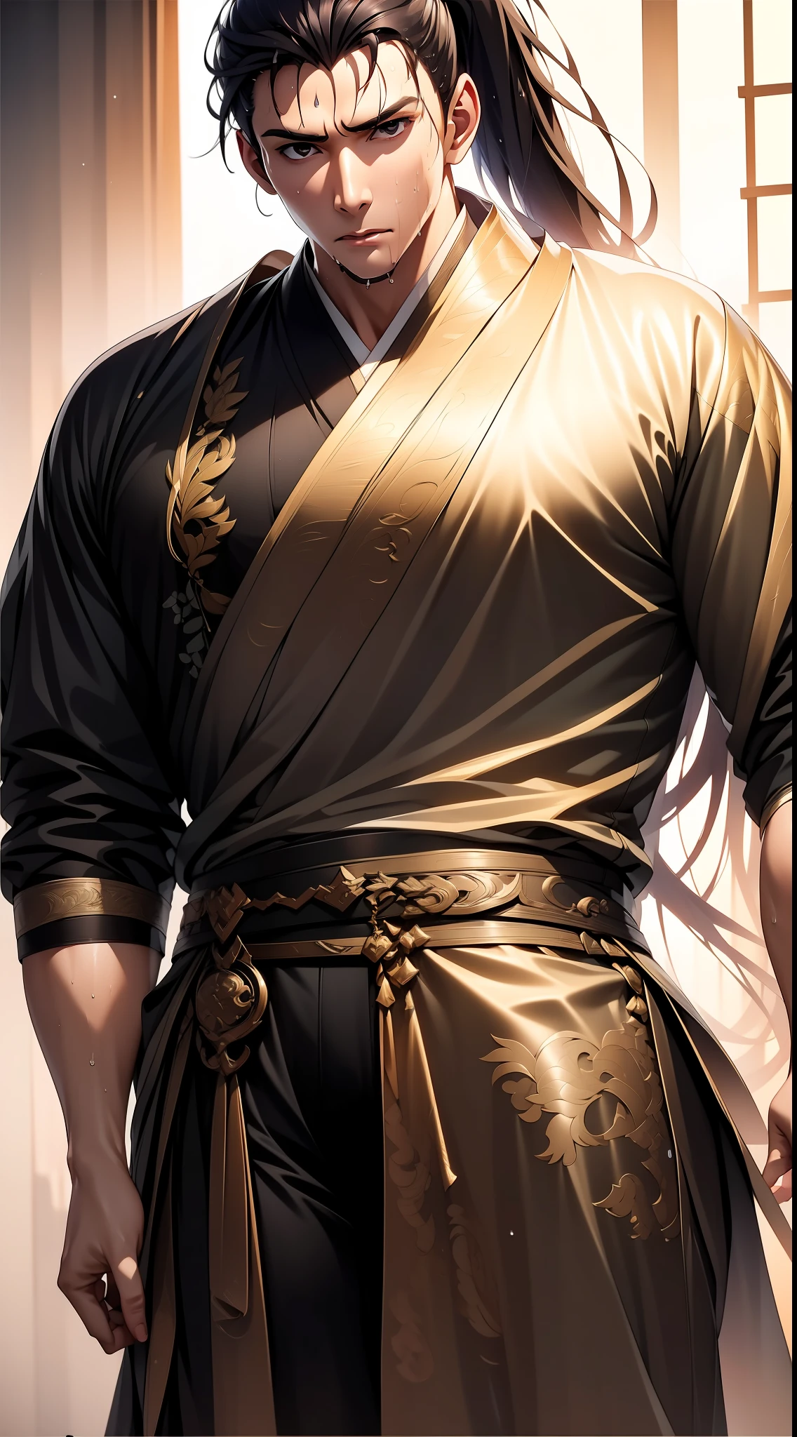 Two-dimensional, anime style, man (male warrior), muscle, correct proportions, face details, martial arts, high ponytail hairstyle, sweating, sweaty face, drooling, neck details, with Adam's apple, wet, wet, Hanfu costume, long robe, embroidered robe, dragon robe, clothing details, collar, long sleeves, game quality, swordsman demeanor, light and shadow tracing, ray tracing, detail glow, CG rendering, hair details, long black hair, golden eyes, sweaty face, handsome, handsome, sweat beads slipping down the neck, (juvenile feeling), complex clothing, wet, wet, perfect composition, refinement, high quality, more details, a lot of details, complex background, atmosphere,