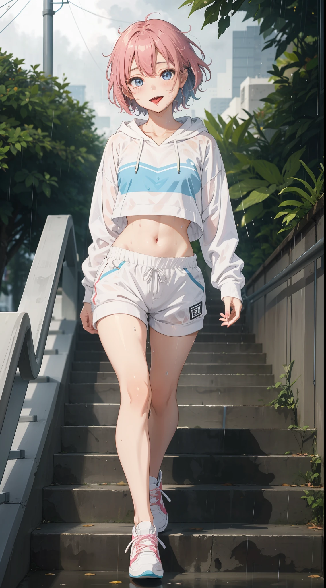 1 beautiful tomboy girl with small breast blue eyes,Ted pink hair, white top crop Hoodie white short pants white sneaker wet (wet chlotes:1.0) full body real rain background on park, walk on park stair, eyes, tongue out, ahegao