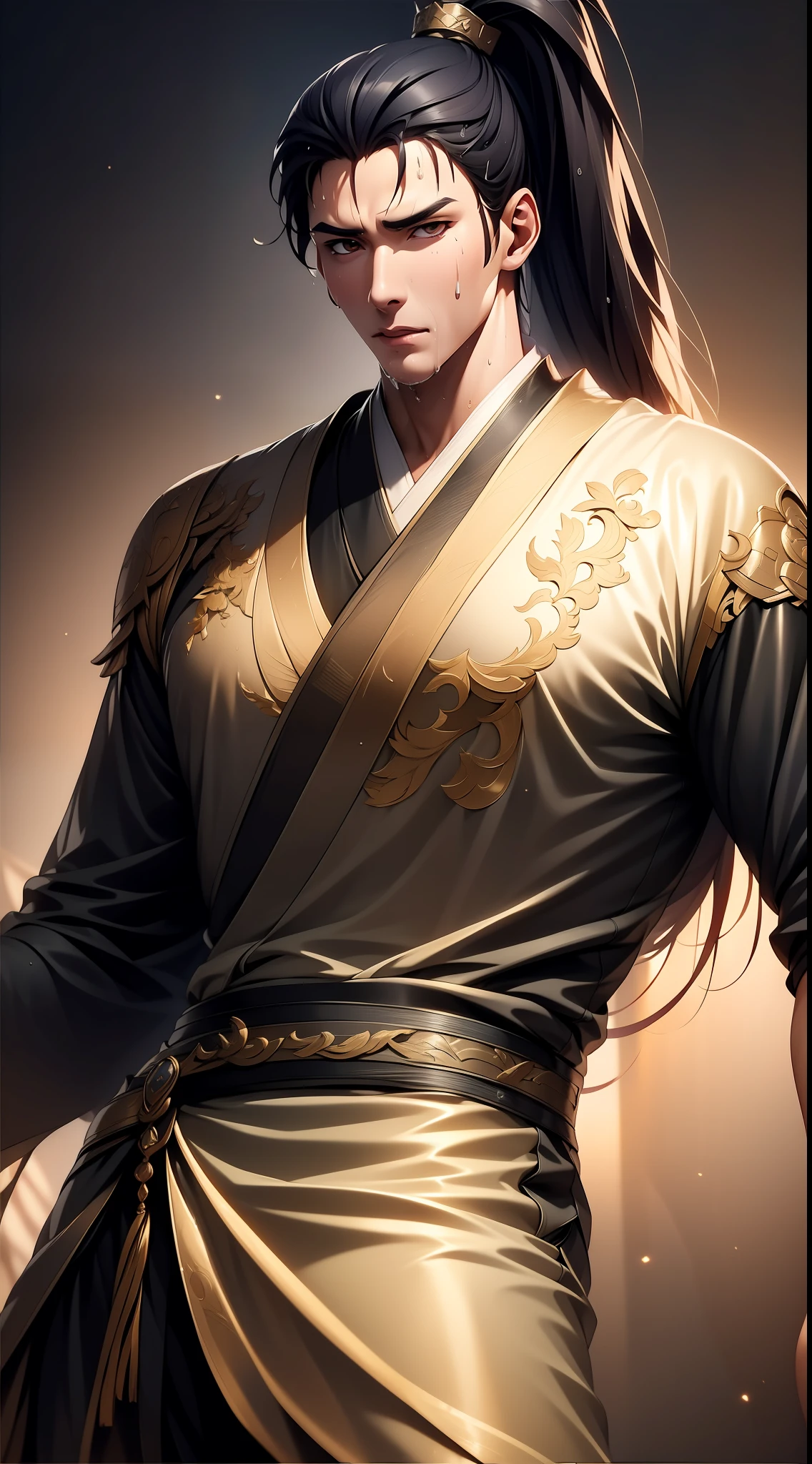 Two-dimensional, anime style, man (male warrior), muscle, correct proportions, face details, martial arts, high ponytail hairstyle, sweating, sweaty face, drooling, neck details, with Adam's apple, wet, wet, Hanfu costume, long robe, embroidered robe, dragon robe, clothing details, collar, long sleeves, game quality, swordsman demeanor, light and shadow tracing, ray tracing, detail glow, CG rendering, hair details, long black hair, golden eyes, sweaty face, handsome, handsome, sweat beads slipping down the neck, (juvenile feeling), complex clothing, wet, wet, perfect composition, refinement, high quality, more details, a lot of details, complex background, atmosphere,