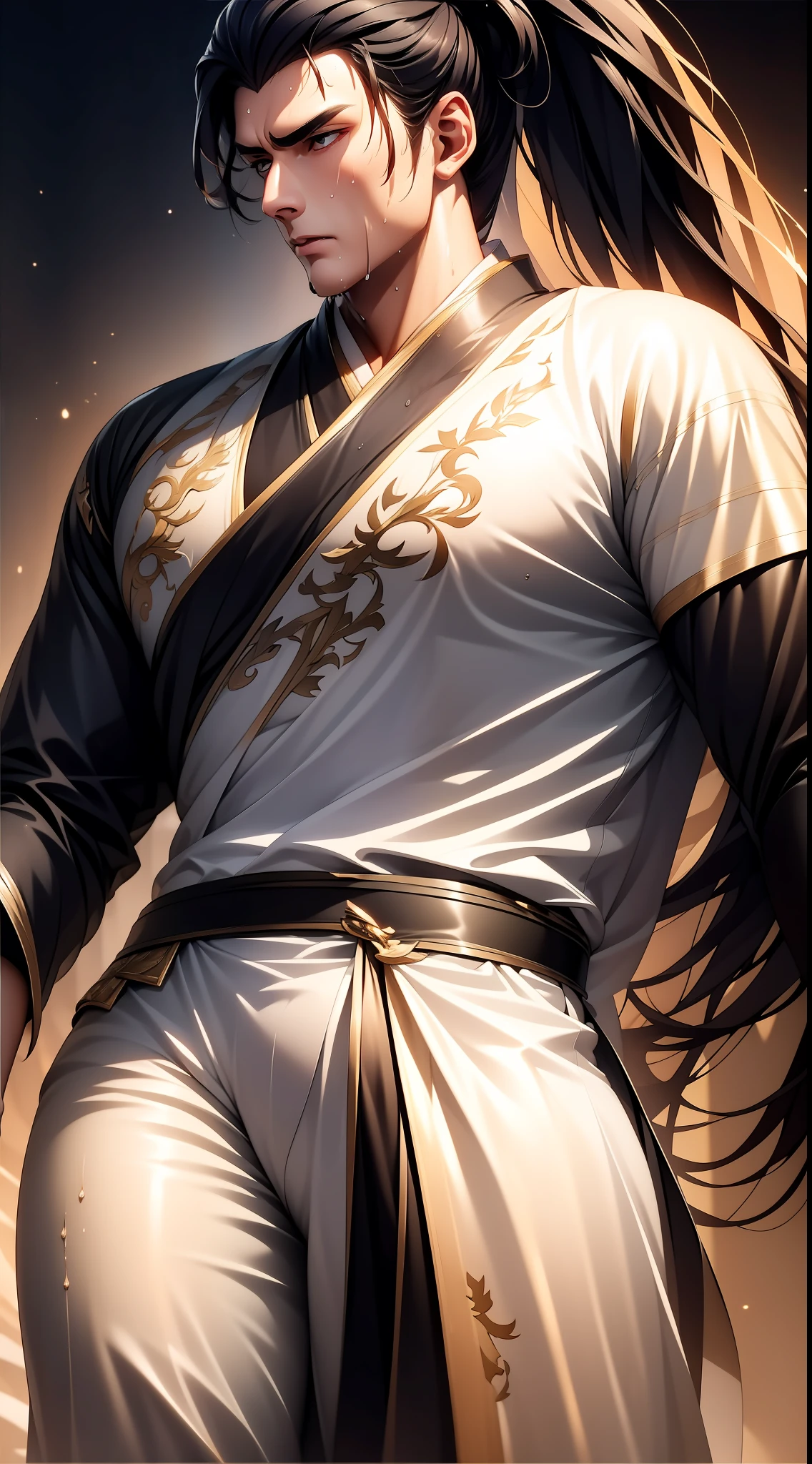 Two-dimensional, anime style, man (male warrior), muscle, correct proportions, face details, martial arts, high ponytail hairstyle, sweating, sweaty face, drooling, neck details, with Adam's apple, wet, wet, Hanfu costume, long robe, embroidered robe, dragon robe, clothing details, collar, long sleeves, game quality, swordsman demeanor, light and shadow tracing, ray tracing, detail glow, CG rendering, hair details, long black hair, golden eyes, sweaty face, handsome, handsome, sweat beads slipping down the neck, (juvenile feeling), complex clothing, wet, wet, perfect composition, refinement, high quality, more details, a lot of details, complex background, atmosphere,