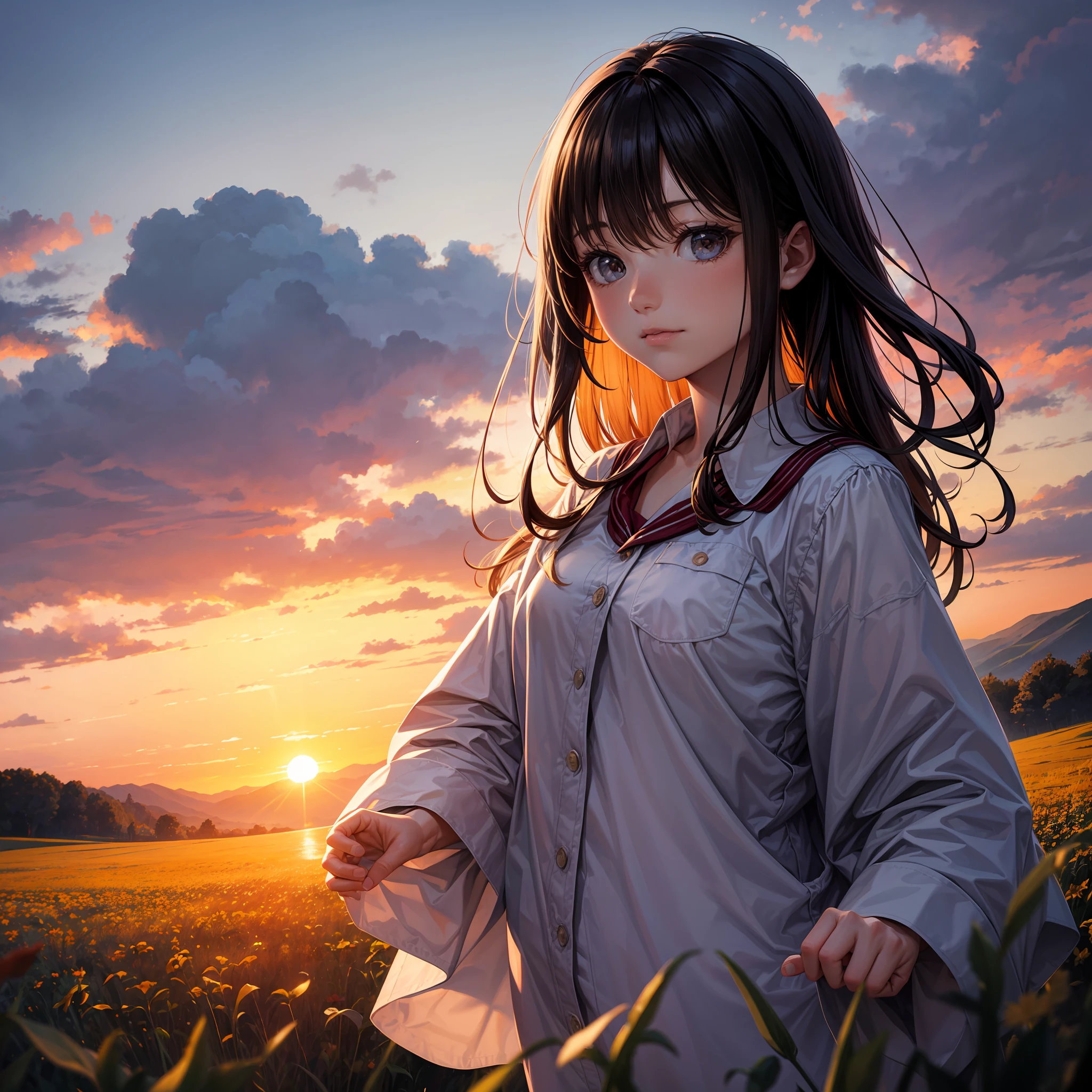 girl standing in field, closeup, portrait, clouds, sunrise