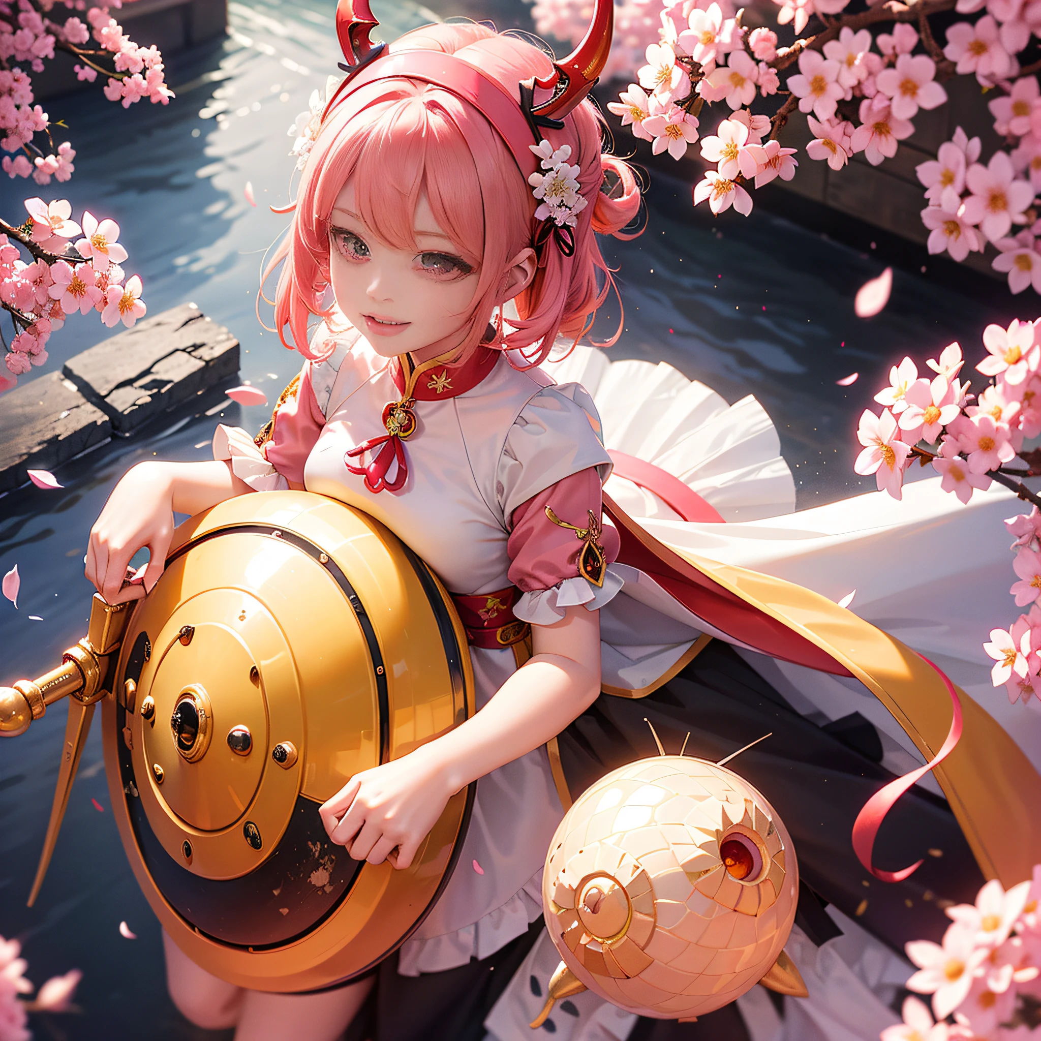 Anime girl in pink costume,Take the golden and yellow balls, Best anime 4k konachan wallpaper, Sakura Kinomoto, Anime girl cosplay, 2. 5 D CGI anime fantasy artwork, sakura petals around her, Anime style mixed with Fujifilm, Guviz-style artwork, A scene from the《azur lane》videogame, Anime goddess