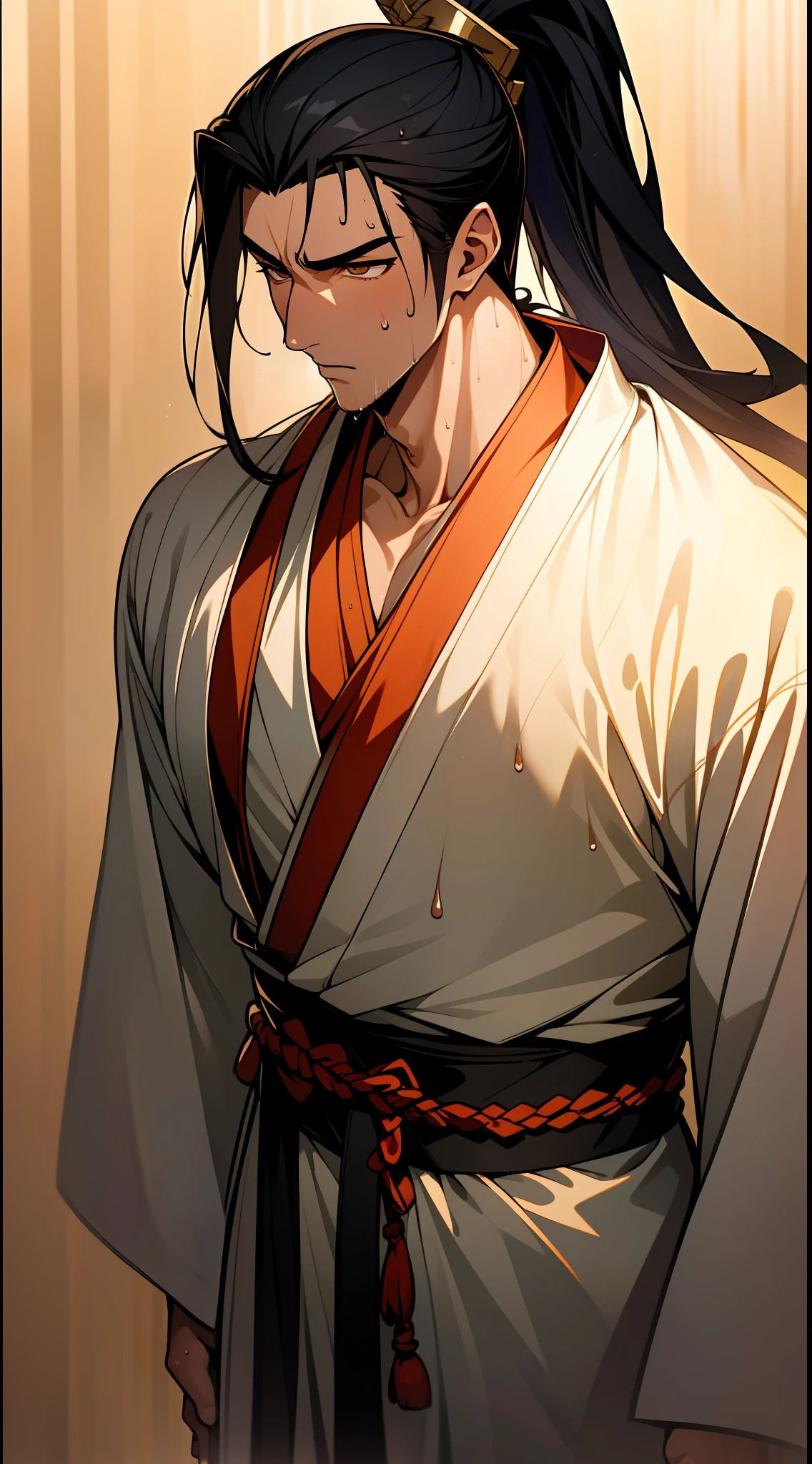 Two-dimensional, anime style, man (male warrior), muscle, correct proportions, face details, martial arts, high ponytail hairstyle, sweating, sweaty face, drooling, neck details, with Adam's apple, wet, wet, Hanfu costume, long robe, embroidered robe, dragon robe, clothing details, collar, long sleeves, game quality, swordsman demeanor, light and shadow tracing, ray tracing, detail glow, CG rendering, hair details, long black hair, golden eyes, sweaty face, handsome, handsome, sweat beads slipping down the neck, (juvenile feeling), complex clothing, wet, wet, perfect composition, refinement, high quality, more details, a lot of details, complex background, atmosphere,
