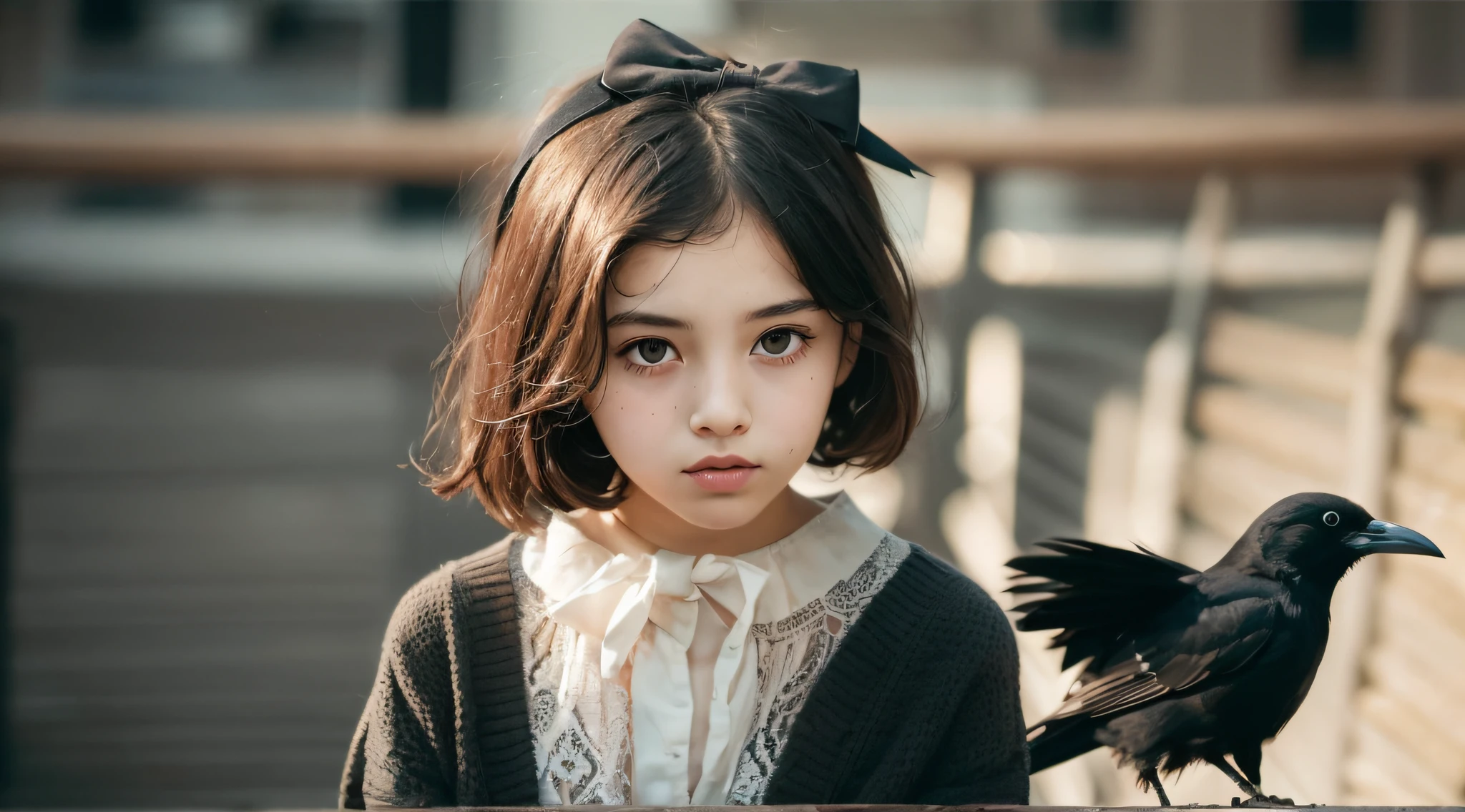 CHILD girl with a black bow and a black dress, girl with dark brown hair, girl with brown hair, black hair ribbons, a beautiful teen-age girl, wearing hair bow, young girl, brown hair and big eyes, half-length photo, photo of young woman, young, beautiful girl, she is about 1 6 years old, there is a black bird sitting on a wooden rail, long shiny thick black beak, closeup of some crows, cute crows, crows as a symbol of death, crow, crow bird, magpie, crow portrait!!!, black crow, dark crow, is looking at a bird, crows, male, crow, beautiful photo, closeup portrait shot, proud looking away, by Paul Bird
