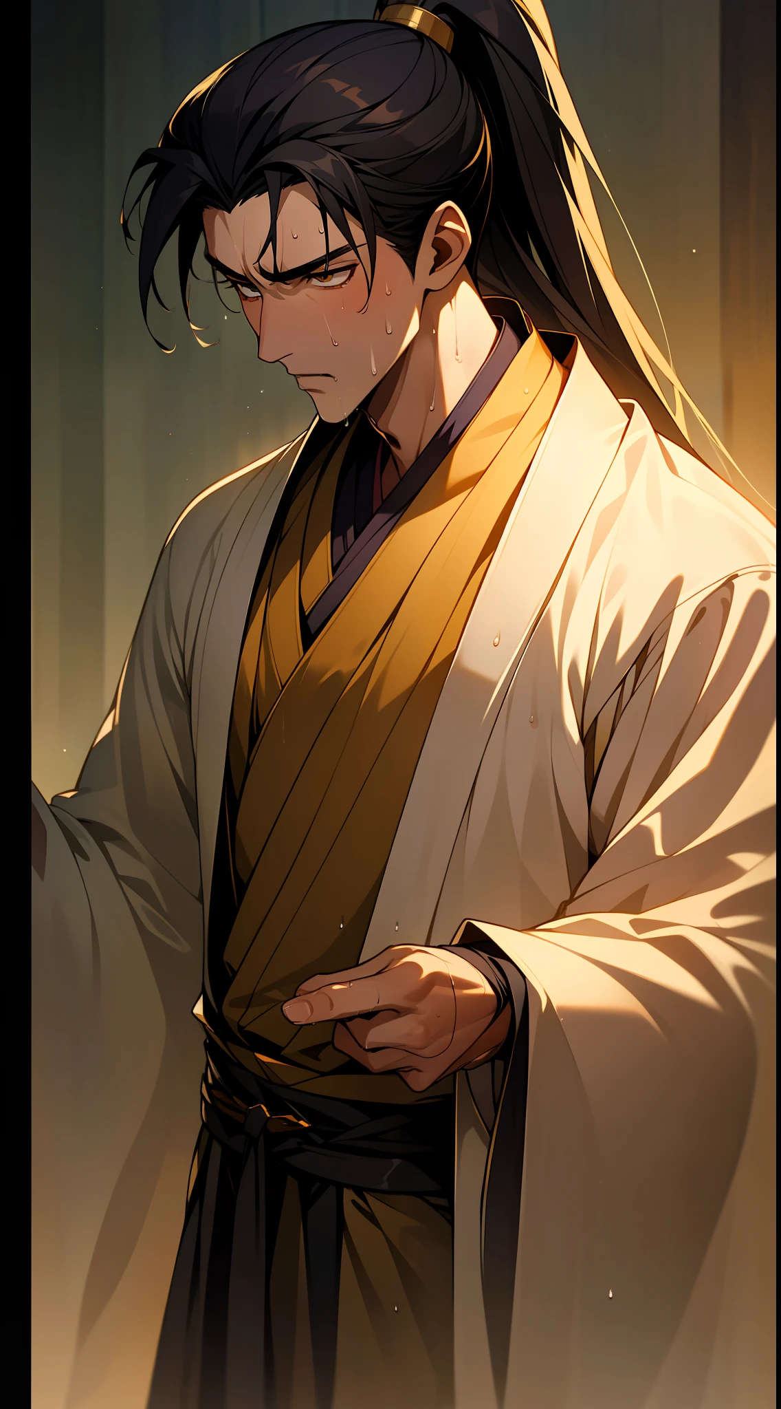 Two-dimensional, anime style, man (male warrior), muscle, correct proportions, face details, martial arts, high ponytail hairstyle, sweating, sweaty face, drooling, neck details, with Adam's apple, wet, wet, Hanfu costume, long robe, embroidered robe, dragon robe, clothing details, collar, long sleeves, game quality, swordsman demeanor, light and shadow tracing, ray tracing, detail glow, CG rendering, hair details, long black hair, golden eyes, sweaty face, handsome, handsome, sweat beads slipping down the neck, (juvenile feeling), complex clothing, wet, wet, perfect composition, refinement, high quality, more details, a lot of details, complex background, atmosphere,