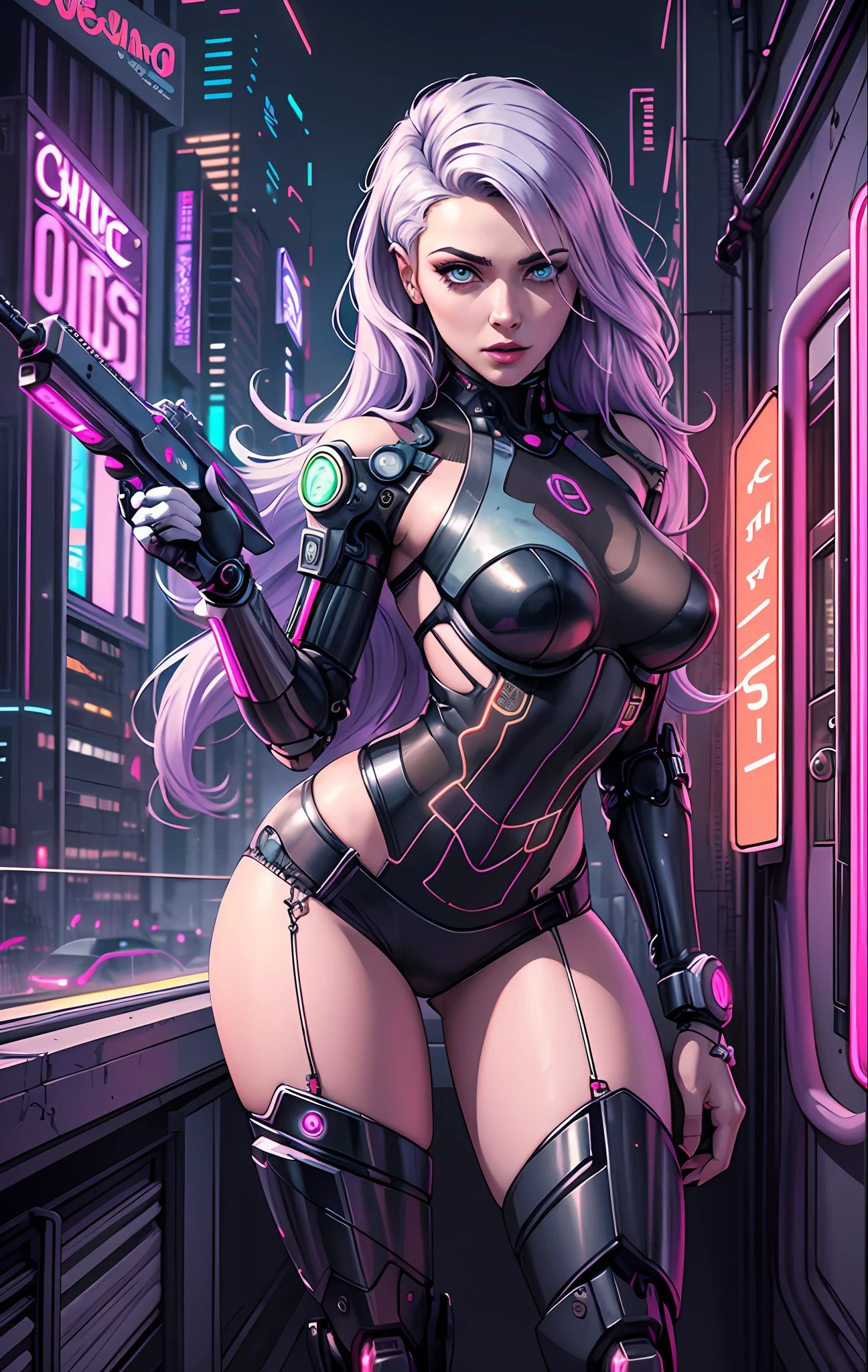 Temperance, portrait of a beautiful woman holding a futuristic gun, science fiction, cyberpunk, In the Style of Cyberpunk 2077, masterpiece, best quality, CG, wallpaper, HDR, high quality, high-definition, extremely detailed, (detailed light), {{intricate detail}}, {highres}, neon light, chiaroscuro, anime style, key visual, intricate detail, highly detailed, breathtaking, vibrant, cinematic, Ultra realistic photo full body shot of a cyberpunk woman with cybernetic legs, purple neon stipes, white bionic legs, white cybernetic legs, white mechanical legs, white robot legs, purple hair, background neon cyberpunk bedroom with window looking over night city, masterpiece, best quality, CG, wallpaper, HDR, high quality, high-definition, extremely detailed, ((extremely detailed face)),(contrasty face),{beautiful detailed woman}, {beautiful detailed eyes}, (detailed light){{intricate detail}}, {highres}, {{ young woman}}, Jewel-like eyes, {floating hair}, long hair, {flowers}, neon light, {{surrounded_by_floating_petal}}, chiaroscuro --auto --s2