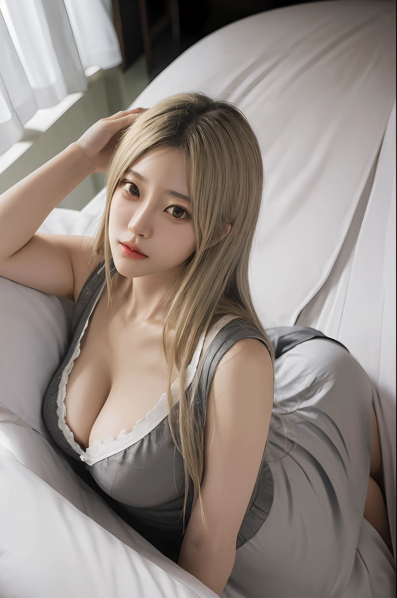 photo of rangiku matsumoto, solo, black haori, cleavage, from above, ((home)), masterpiece, night, blonde hair, deep gray eyes, realistic, full body picture,