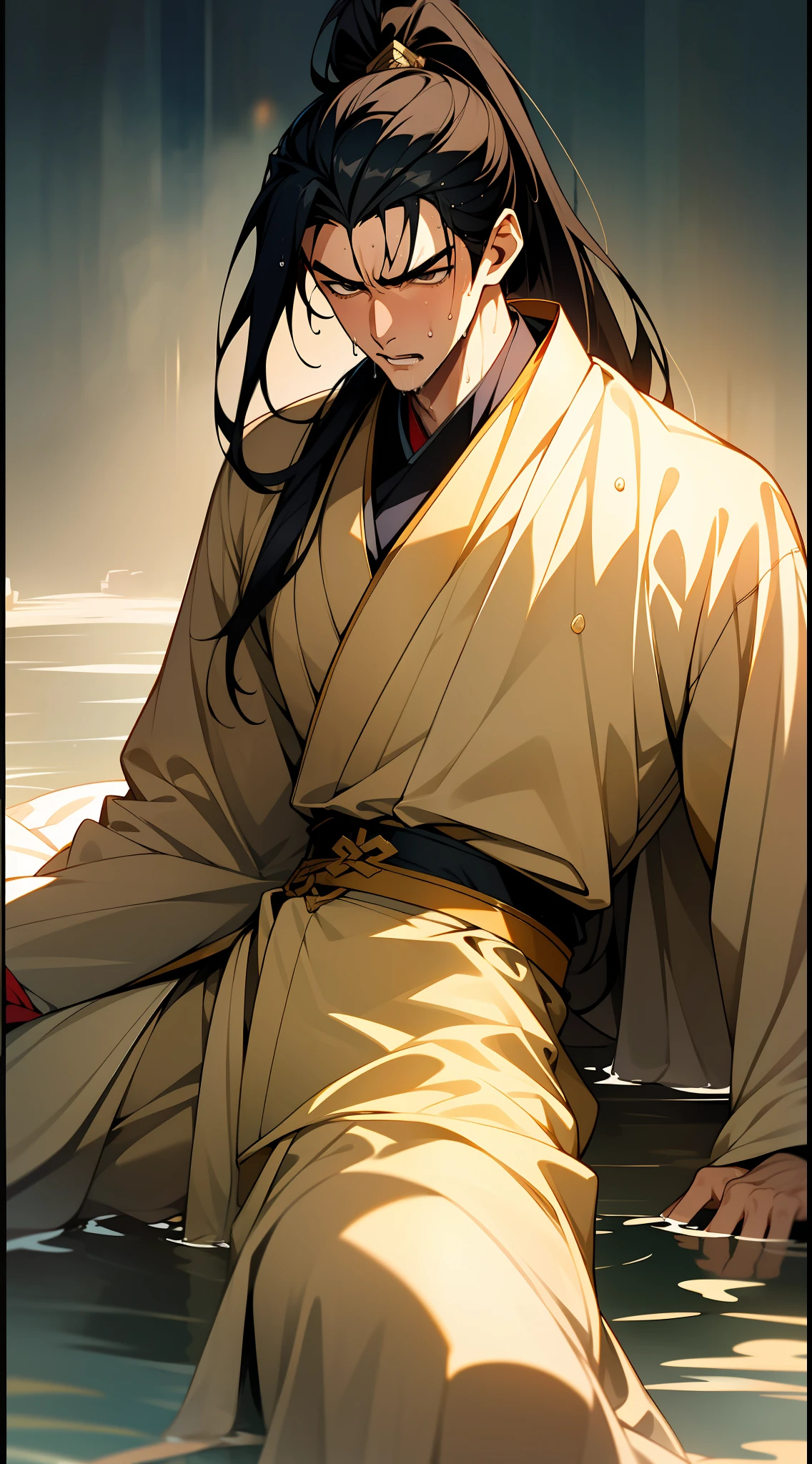 Two-dimensional, anime style, man (male warrior), muscle, correct proportions, face details, martial arts, high ponytail hairstyle, sweating, sweaty face, drooling, neck details, with Adam's apple, wet, wet, Hanfu costume, long robe, embroidered robe, dragon robe, clothing details, collar, long sleeves, game quality, swordsman demeanor, light and shadow tracing, ray tracing, detail glow, CG rendering, hair details, long black hair, golden eyes, sweaty face, handsome, handsome, sweat beads slipping down the neck, (juvenile feeling), complex clothing, wet, wet, perfect composition, refinement, high quality, more details, a lot of details, complex background, atmosphere,