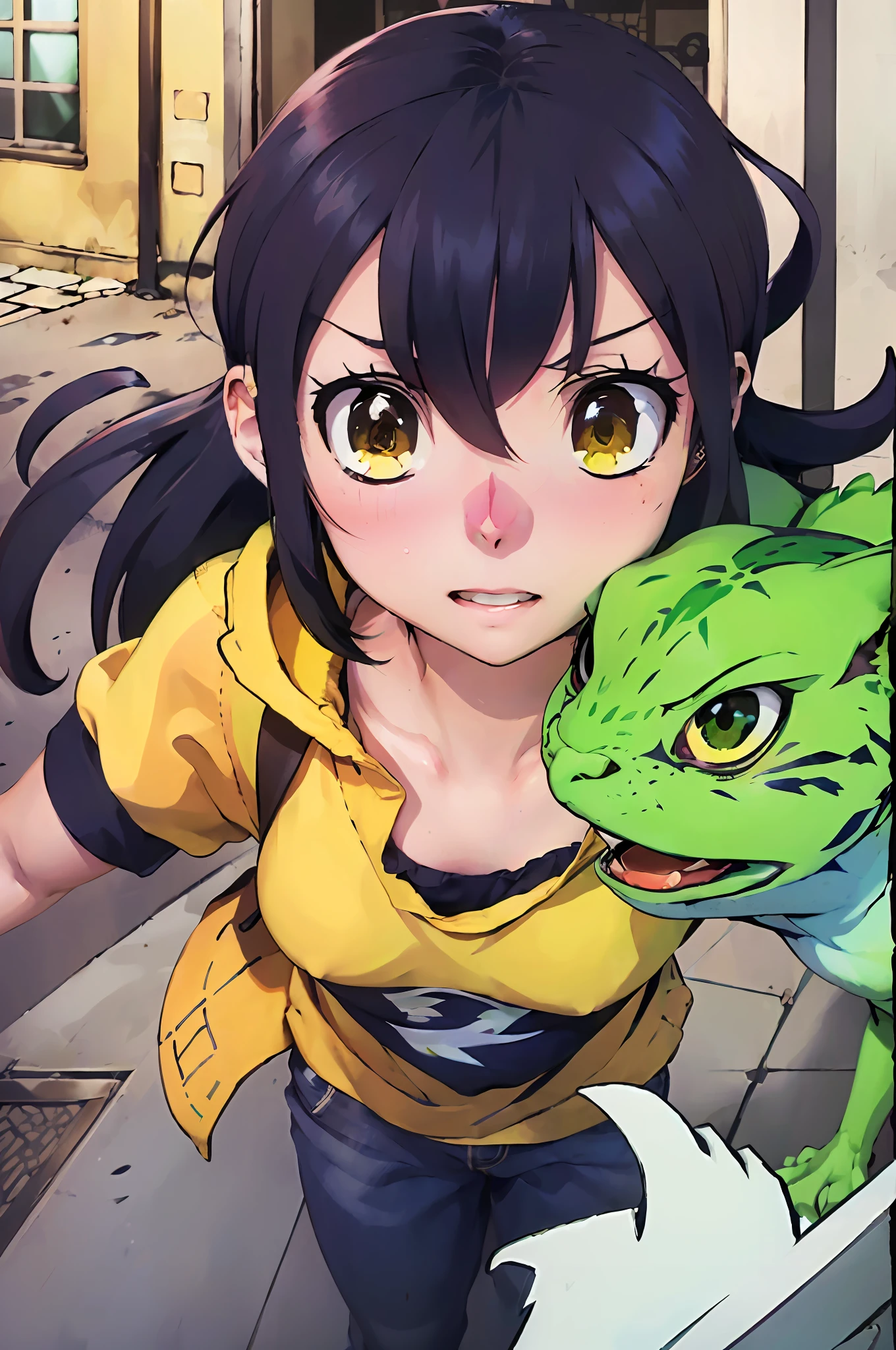 anime girl with a green cat lizard on her shoulder, in anime style, anime style hyper detailed, anime style illustration, official art, , cat, dragon girl, high detailed official artwork, official artwork, anime style 4 k, hq artwork, the dragon girl portrait, anime cover, coloured manga scan, clean detailed anime style, digimon anime key art, anime monster girl, 4 k manga wallpaper