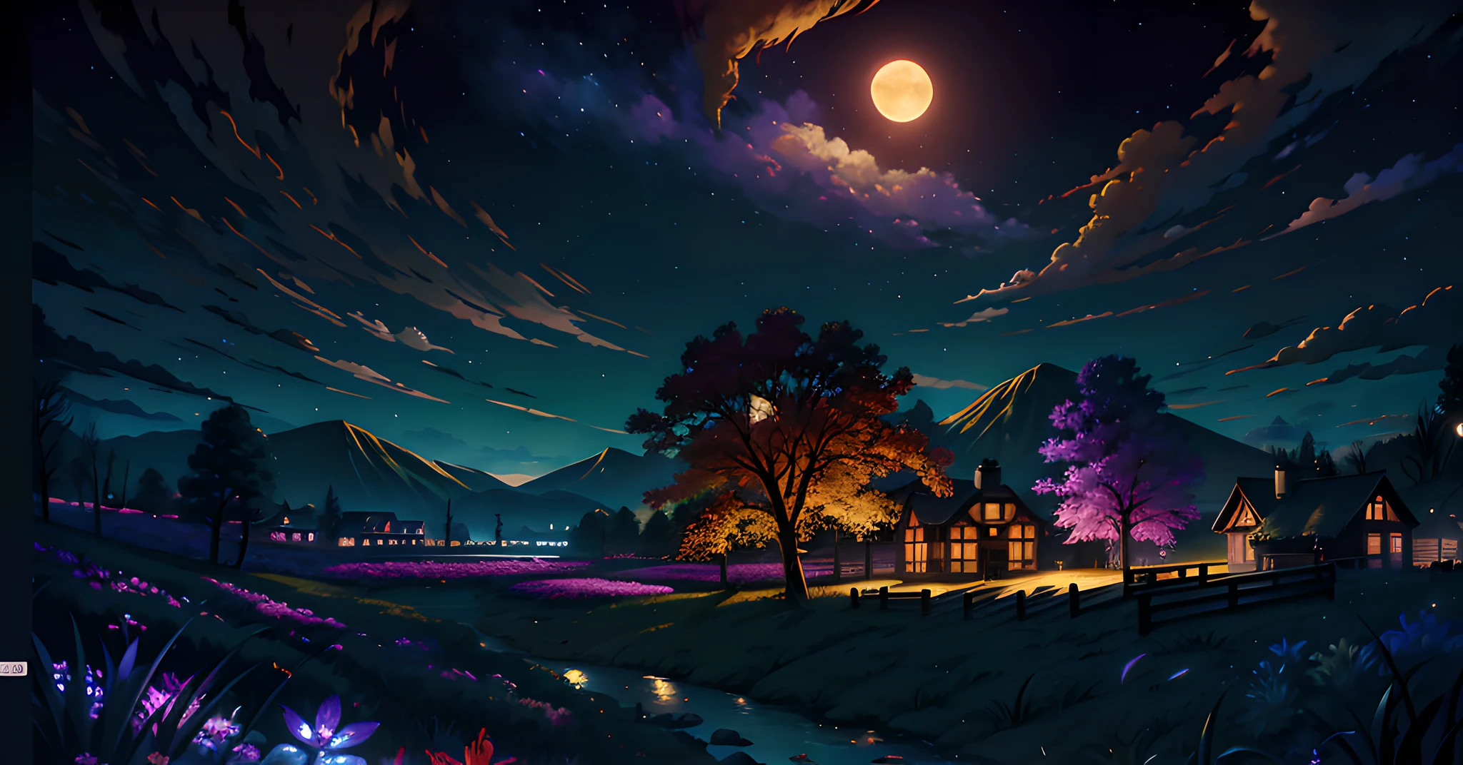 nighttime scene of a village with a river and a full moon, Detailed painting 4 K, 4k highly detailed digital art, 4K detailed digital art, 4 k digital painting, 4k digital painting, background artwork, Beautiful art UHD 4 K, nighttime scene, Anime art wallpaper 4k, Anime art wallpaper 4 K, Anime background art, anime landscape wallpapers