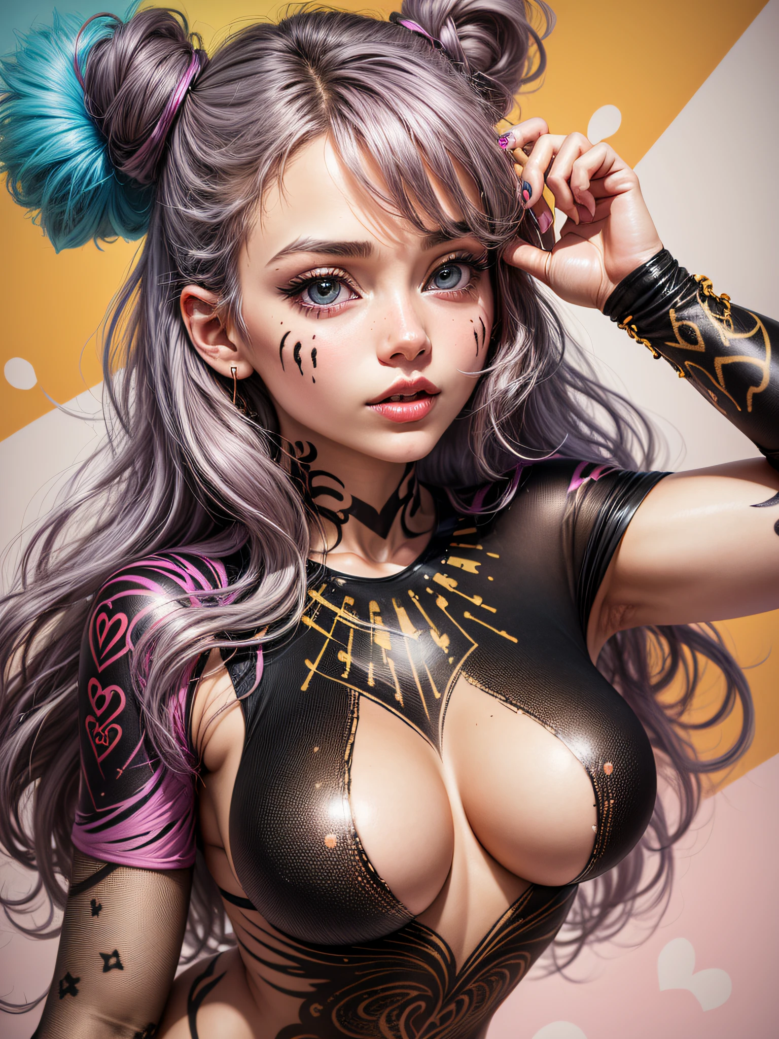 infp young woman, Beautiful breasts, Front opening shirt, Body painting with pop designs drawn directly all over the body, heart shapes, Pop Art Design, cutting edge, lo fashion, The center of attention, newyork, pop-art, pubick hair, cameltoe details,
