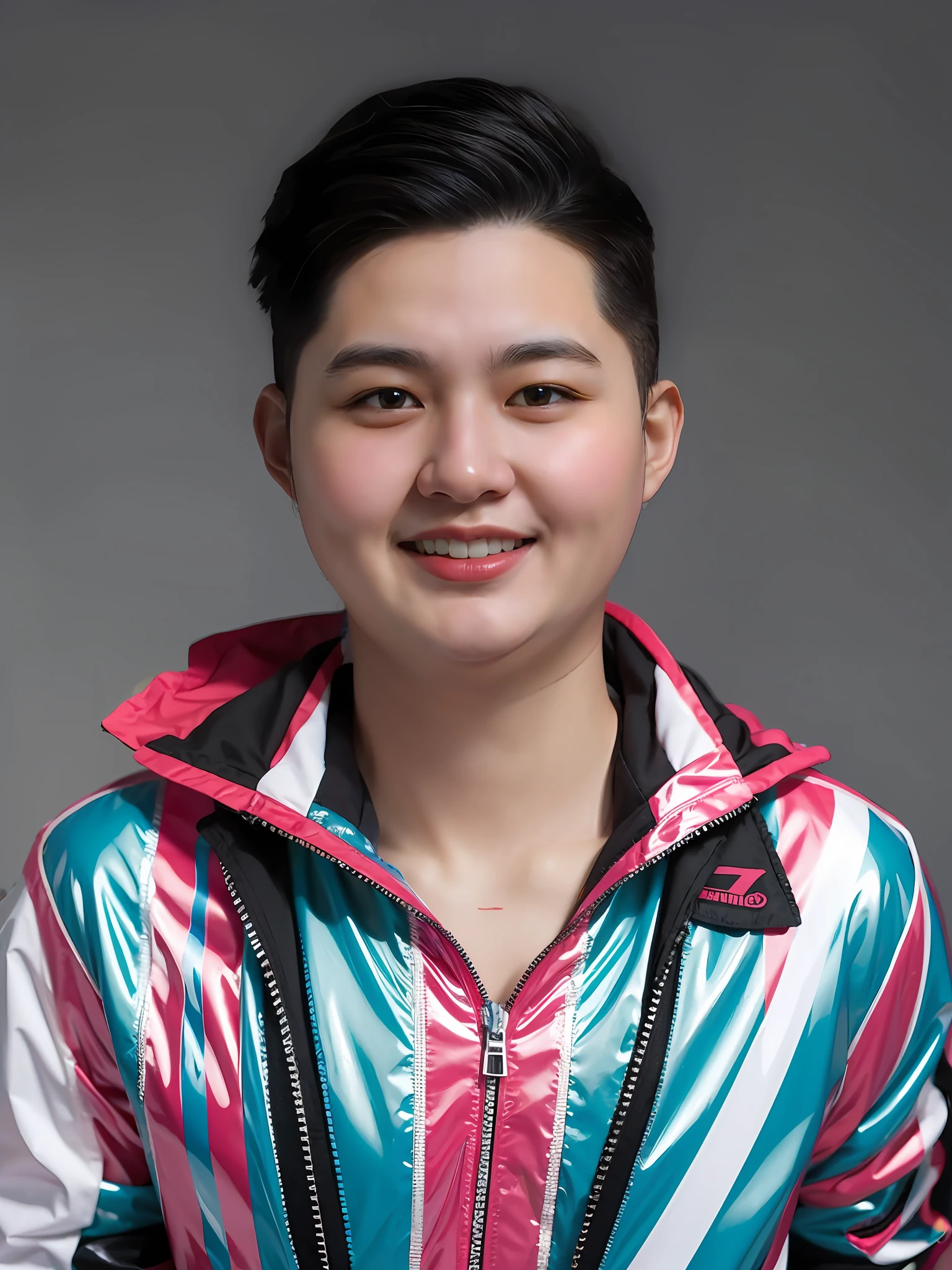 A Chinese male high school student。Wear colorful PVC casual clothes,There are zippers,