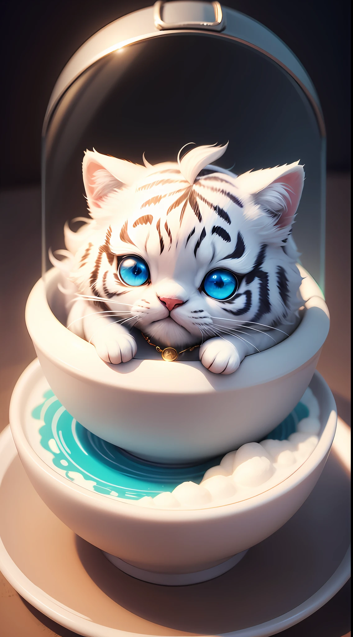 cute tiny hyperrealistic white tiger with different color eyes waring a necklace, Chibi, adorable and fluffy, logo design, cartoon, cinematic lighting effect, charming, 3D vector art, cute and quirky, fantasy art, bokeh, hand-drawn, digital painting, soft lighting, isometric style, 4K resolution, photorealistic rendering, highly detailed clean, vector image, photorealistic masterpiece, professional photography, simple space backdrop, flat white background, isometric, vibrant vector