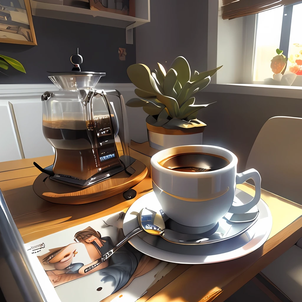 there is a cup of coffee on a saucer on a table, cozy cafe background, morning coffee, A coffee, coffee mug, Amazing wallpapers, kawa, high detailed official artwork, portrait of morning coffee, highly detailed scenario, photorealistic illustration, arte de fundo, Relaxing concept art,