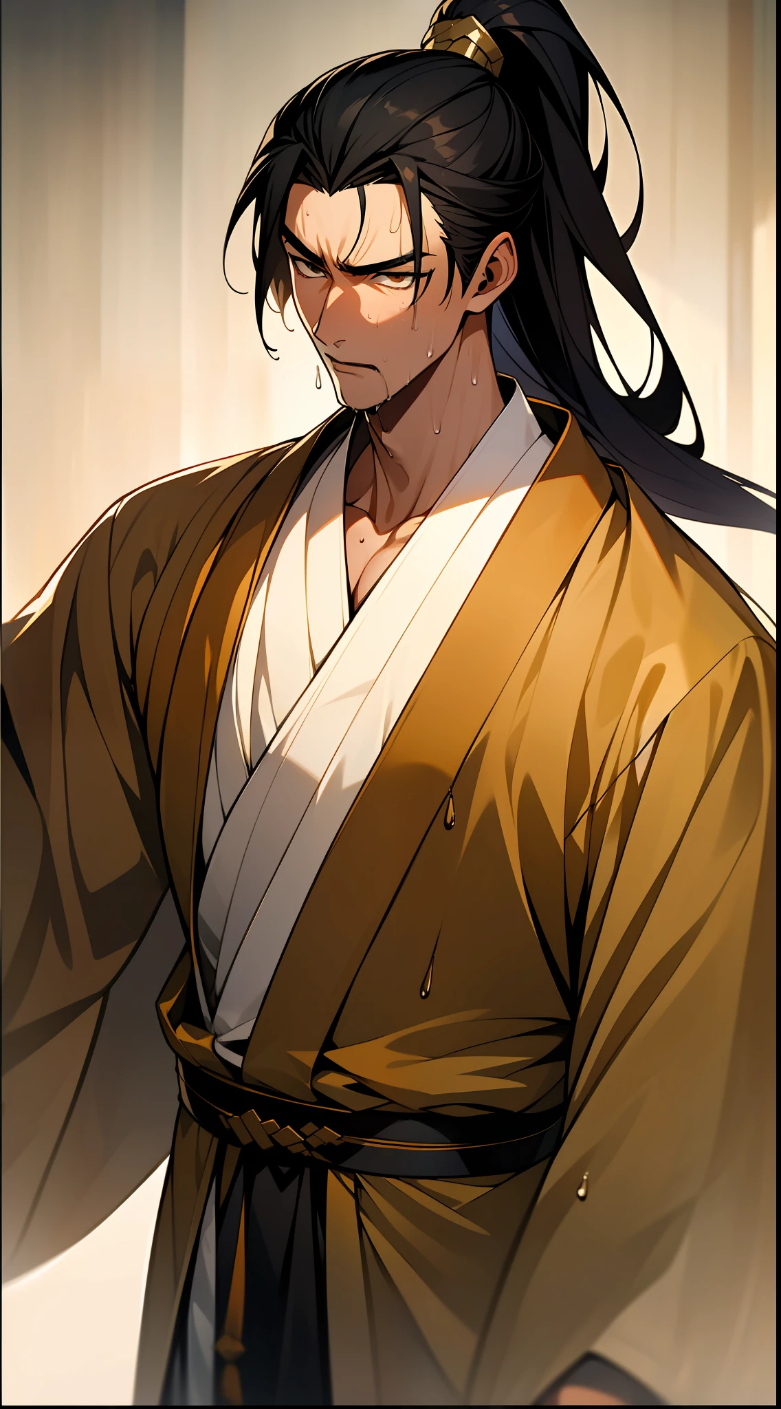 Two-dimensional, anime style, man (male warrior), muscle, correct proportions, face details, martial arts, high ponytail hairstyle, sweating, sweaty face, drooling, neck details, with Adam's apple, wet, wet, Hanfu costume, long robe, embroidered robe, dragon robe, clothing details, collar, long sleeves, game quality, swordsman demeanor, light and shadow tracing, ray tracing, detail glow, CG rendering, hair details, long black hair, golden eyes, sweaty face, handsome, handsome, sweat beads slipping down the neck, (juvenile feeling), complex clothing, wet, wet, perfect composition, refinement, high quality, more details, a lot of details, complex background, atmosphere,