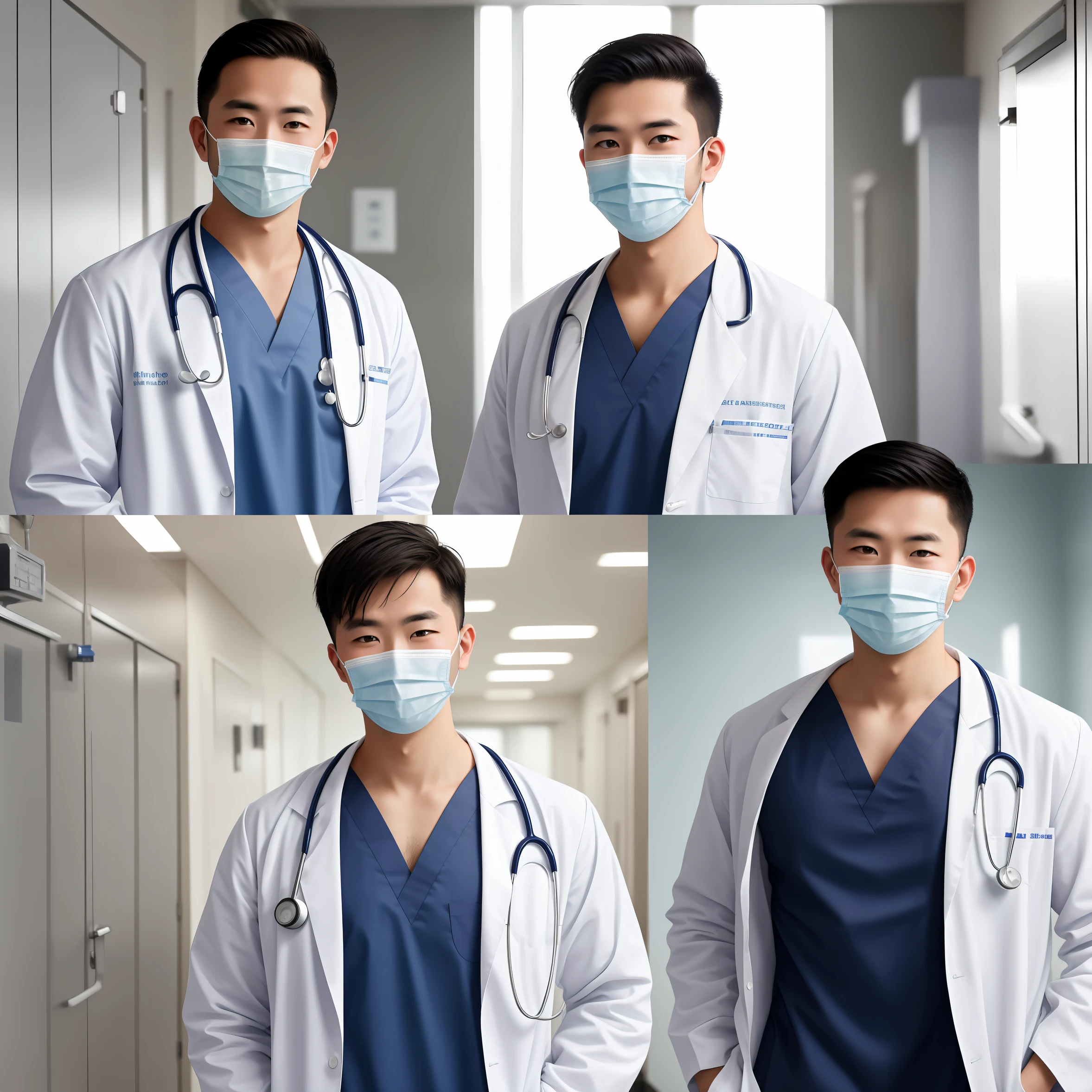 RAW photos，Single bust photo，Portrait of a 30-year-old male doctor wearing a white coat and navy blue surgical gown，Blue surgical mask，In the daytime，Hospital Rooms，（highdetailskin：1.2），Handsome