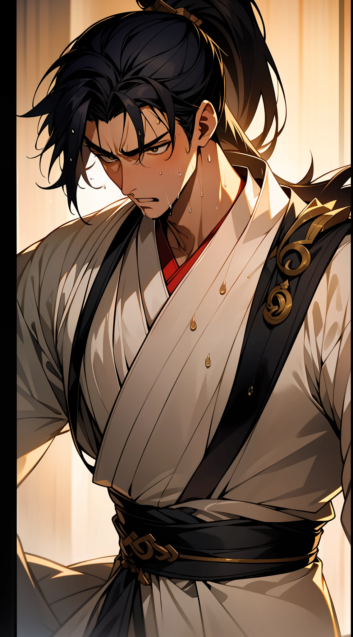 Two-dimensional, anime style, man (male warrior), muscle, correct proportions, face details, martial arts, high ponytail hairstyle, sweating, sweaty face, drooling, neck details, with Adam's apple, wet, wet, Hanfu costume, long robe, embroidered robe, dragon robe, clothing details, collar, long sleeves, game quality, swordsman demeanor, light and shadow tracing, ray tracing, detail glow, CG rendering, hair details, long black hair, golden eyes, sweaty face, handsome, handsome, sweat beads slipping down the neck, (juvenile feeling), complex clothing, wet, wet, perfect composition, refinement, high quality, more details, a lot of details, complex background, atmosphere,